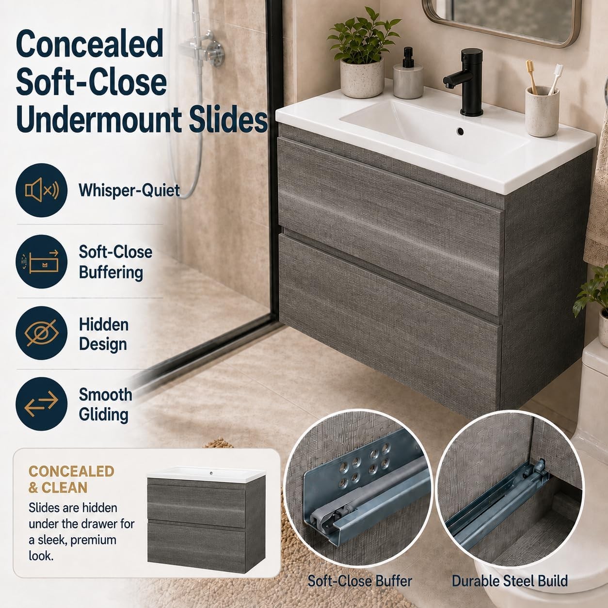24 Inch Floating Bathroom Vanity with Sink, Gray Wall Mounted Vanity Cabinet