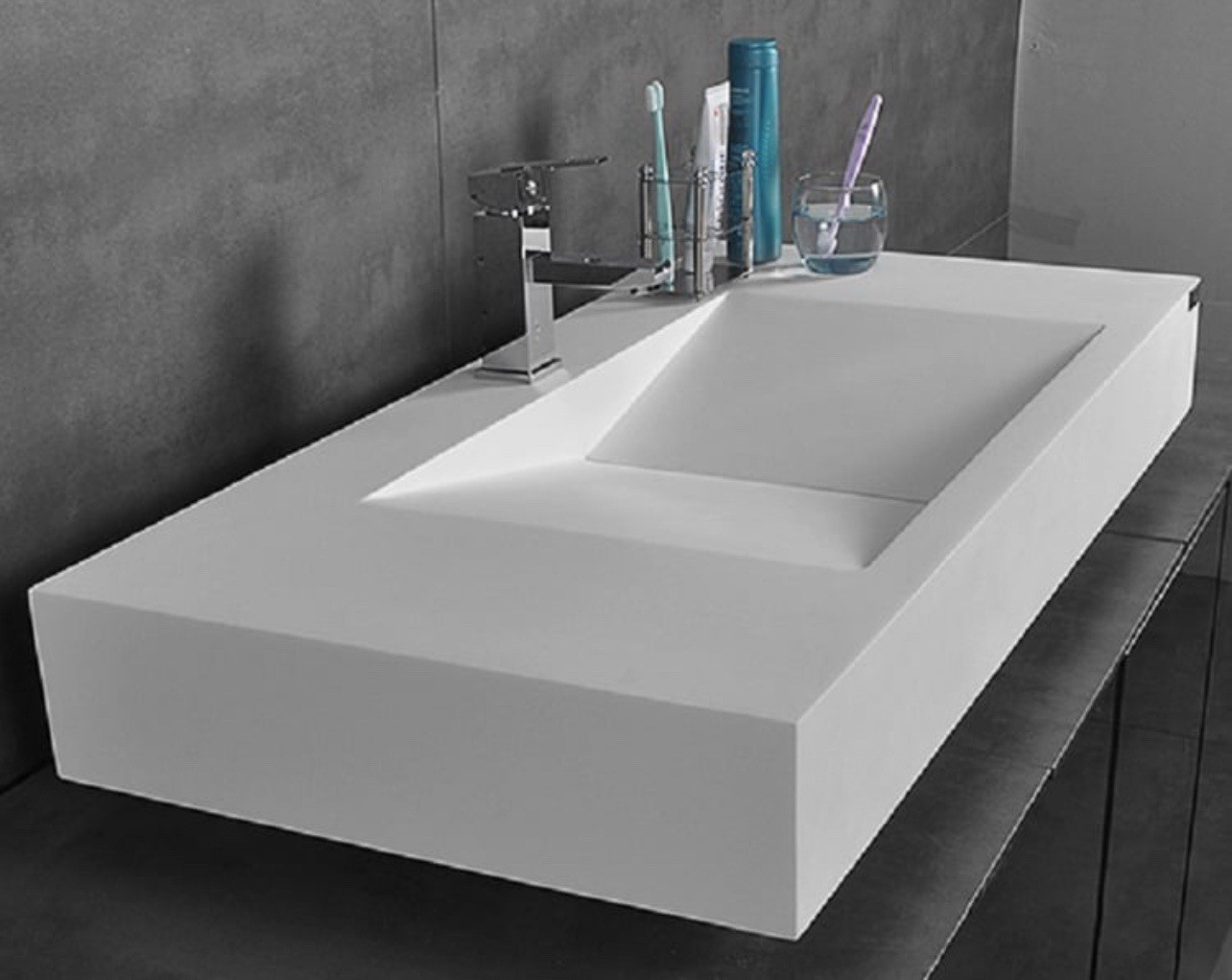 Matte White Wall-Mount Floating Sink Solid Surface Stone Resin Bathroom
