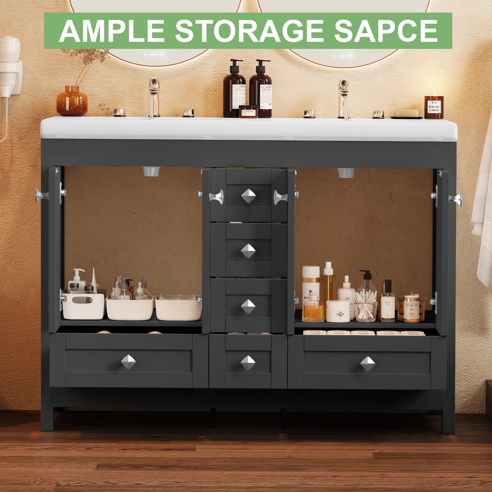 47″ Freestanding Vanity Bathroom Cabinet with Double Ceramic Sink & 6 Drawers