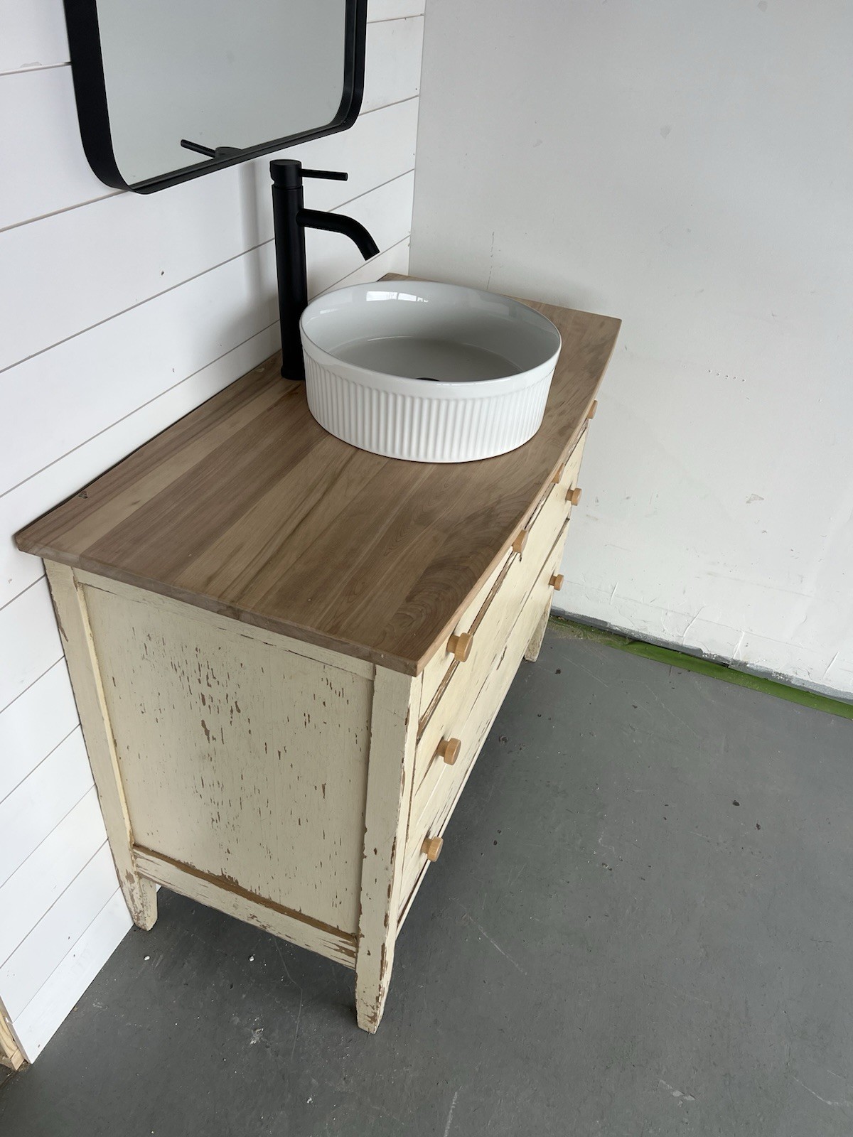 Distressed Wood Bathroom Vanity with Vessel Sink, 2 Drawers, Traditional