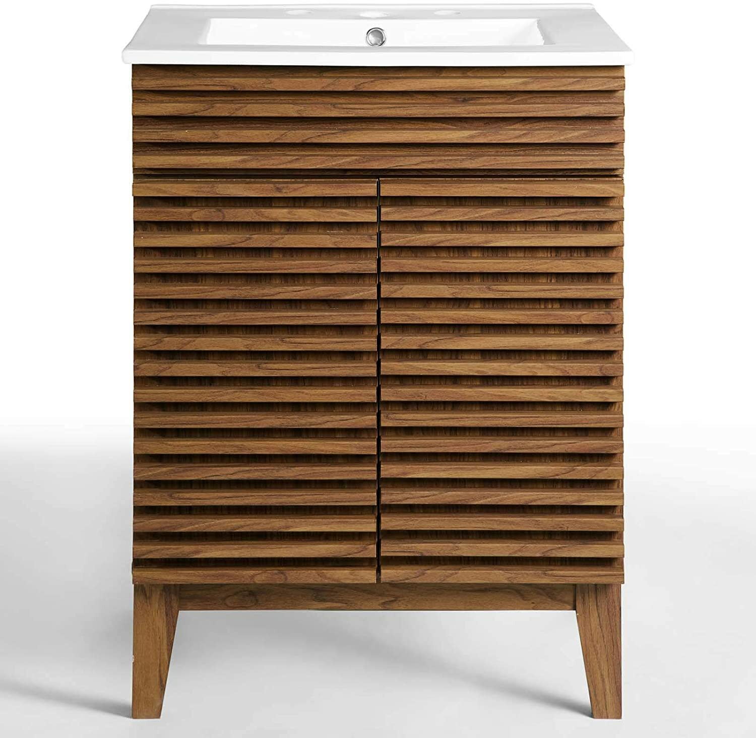 Mid-Century Modern Bathroom Vanity Walnut Grain Laminate Tapered Legs White Sink