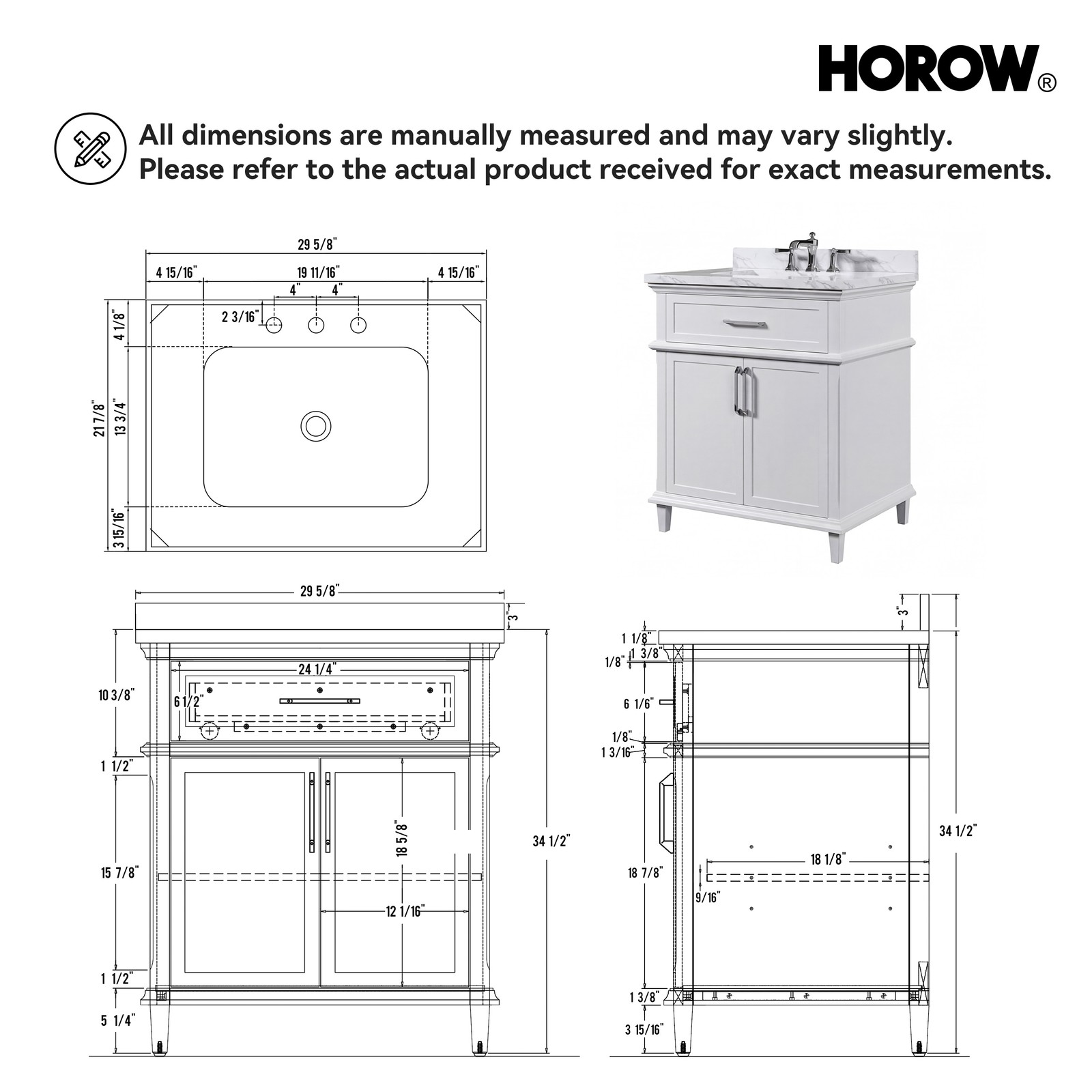 HOROW 30” Bathroom Vanity with Undermount Basin Freestanding Storage Cabinet