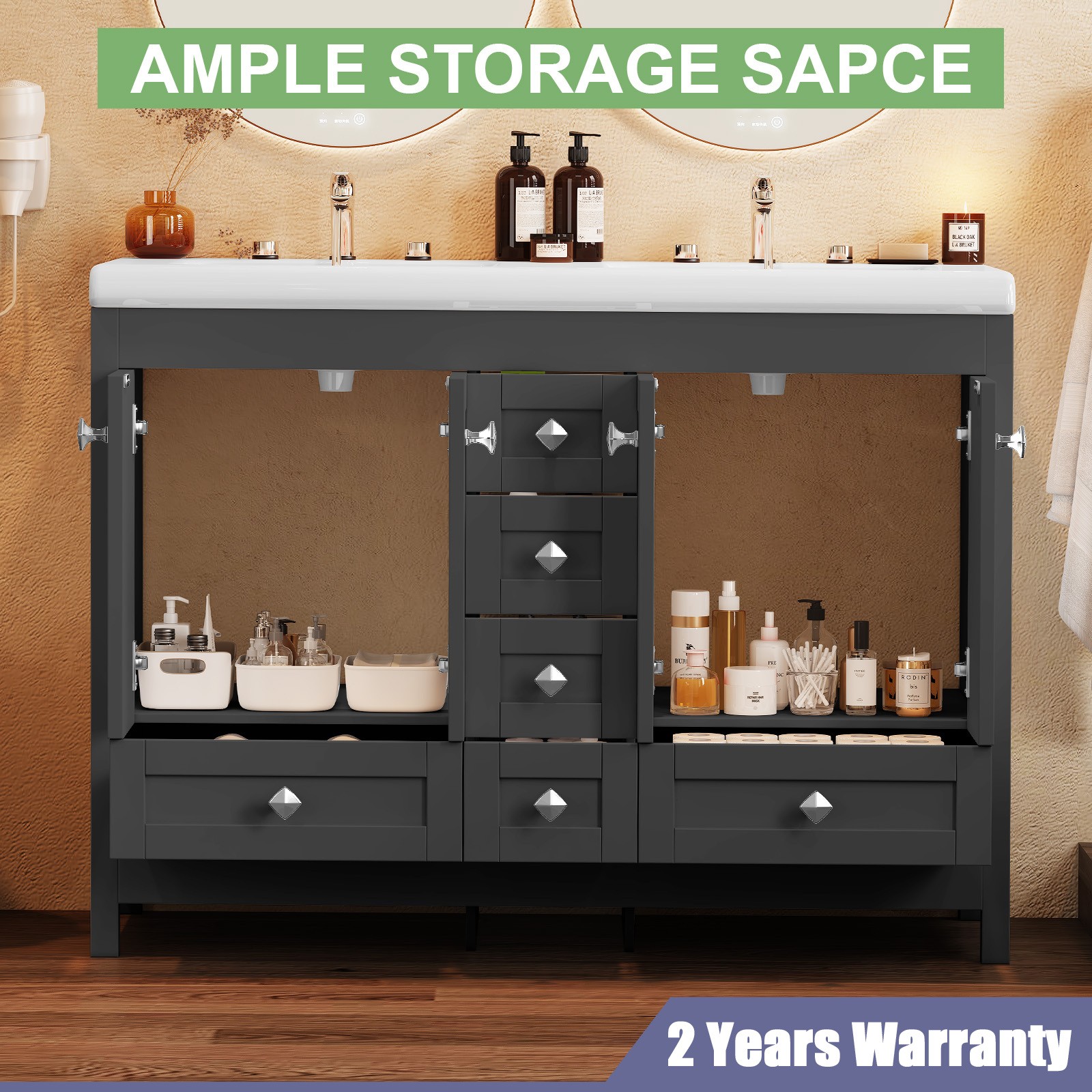 Bathroom Vanity Freestanding Double Basin Ceramic Sink Vanity Cabinet Drawers