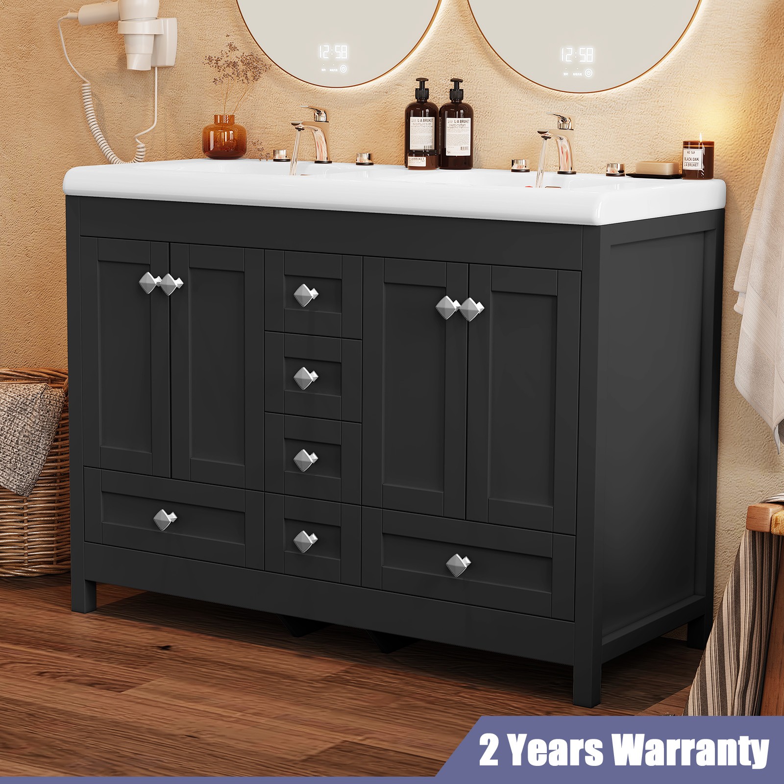 Bathroom Vanity Freestanding Double Basin Ceramic Sink Vanity Cabinet Drawers