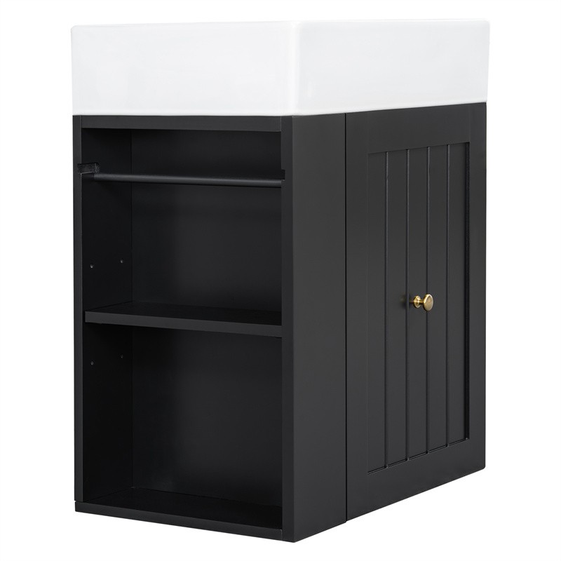 20″ Bathroom Vanity w/Ceramic Sink Black Storage Cabinet with Drawer,Side Shelf