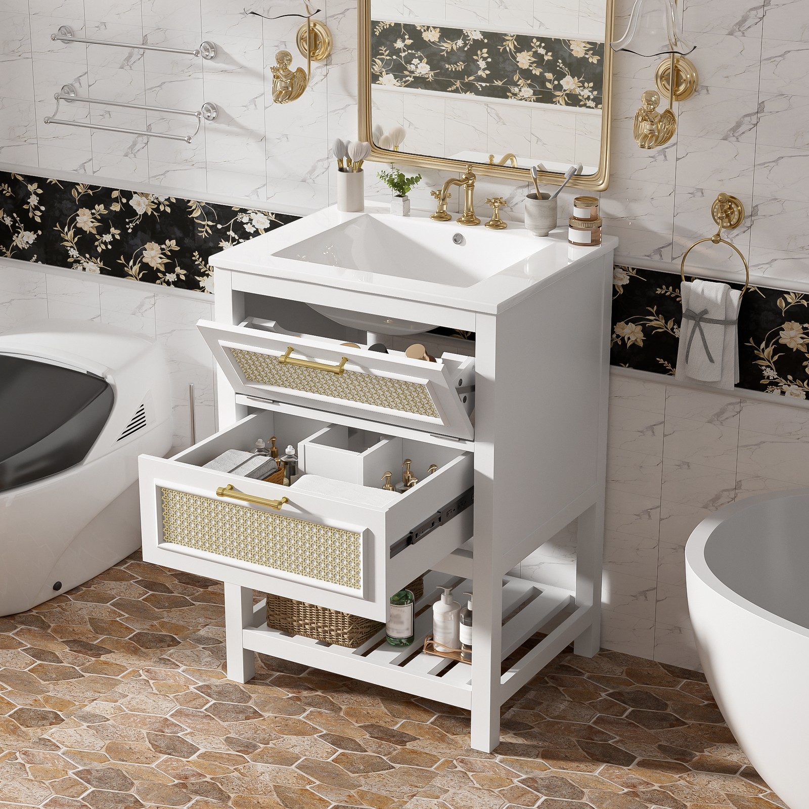 24″ White Bathroom Vanity with Ceramic Sink and 2 Drawers