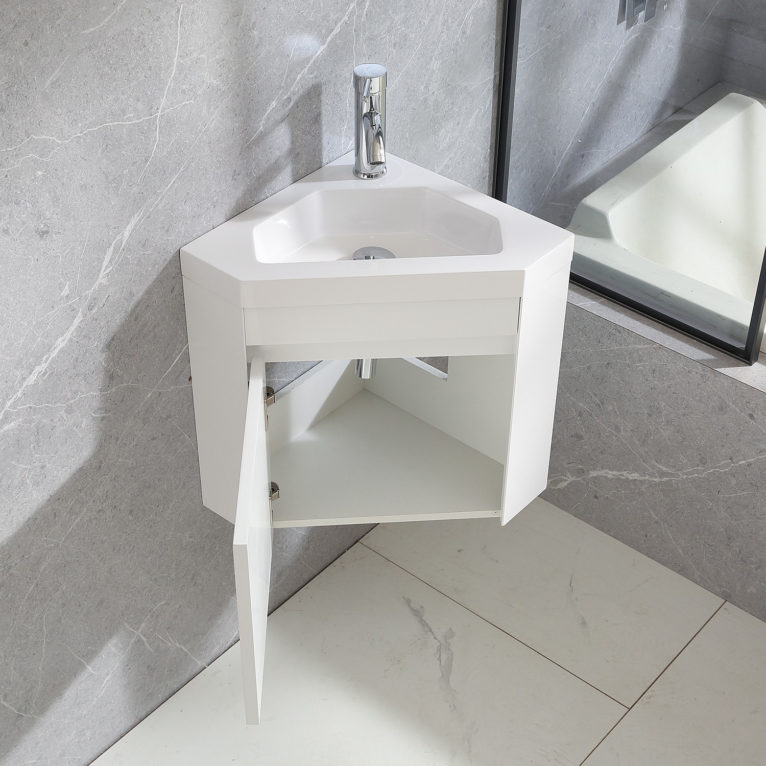 22″ Corner Wall Mounted Bathroom Vanity Floating Cabinet w/Sink for Small Space