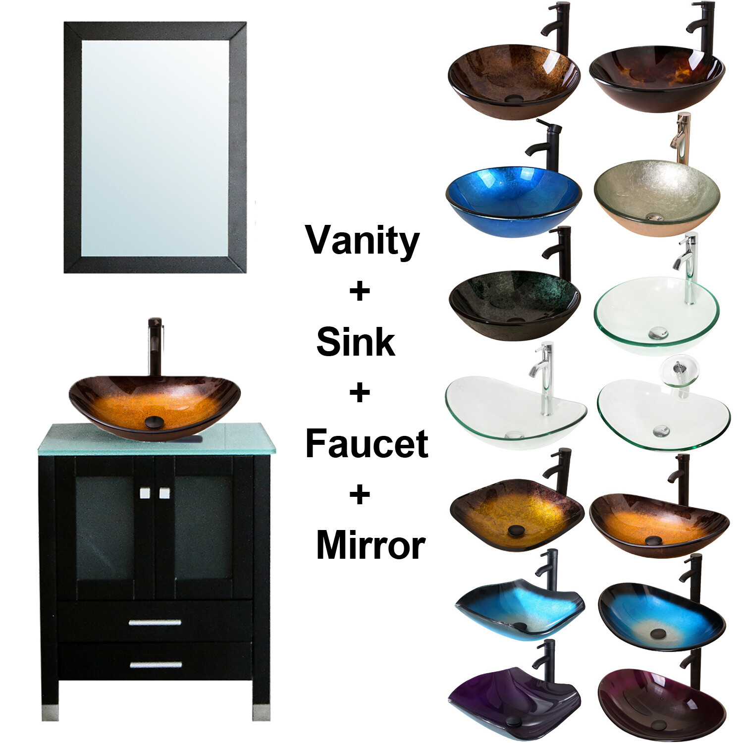 24″ Bathroom Vanity Cabinet & Tempered Glass Vessel Sink Bowl + Faucet /Drain