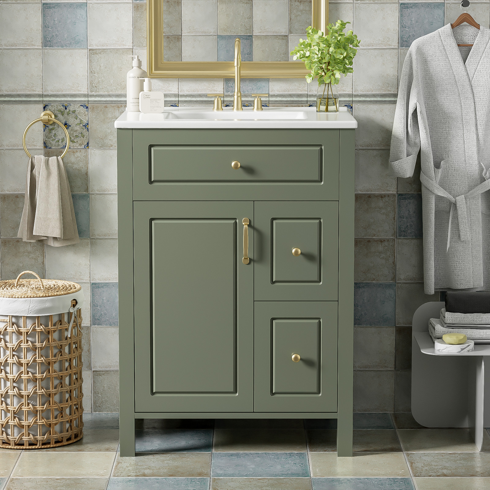 24″ Bathroom Vanity with Ceramic Sink Modern Bathroom Storage Cabinet Soft Close