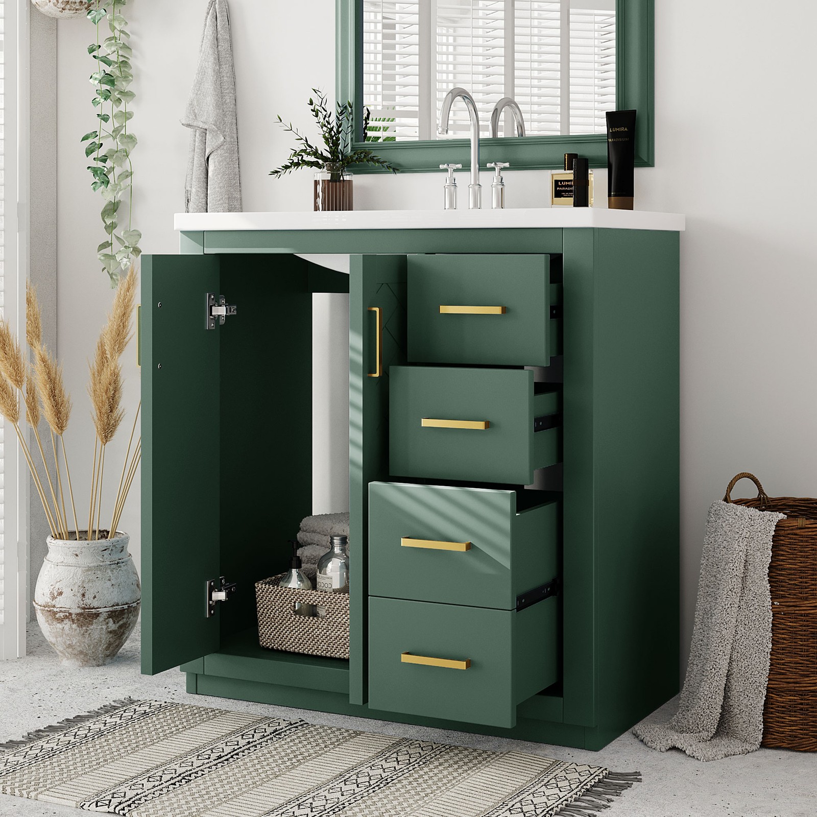 30″ Bathroom Vanity with Ceramic Sink, Solid Wood Frame, 3 Drawers