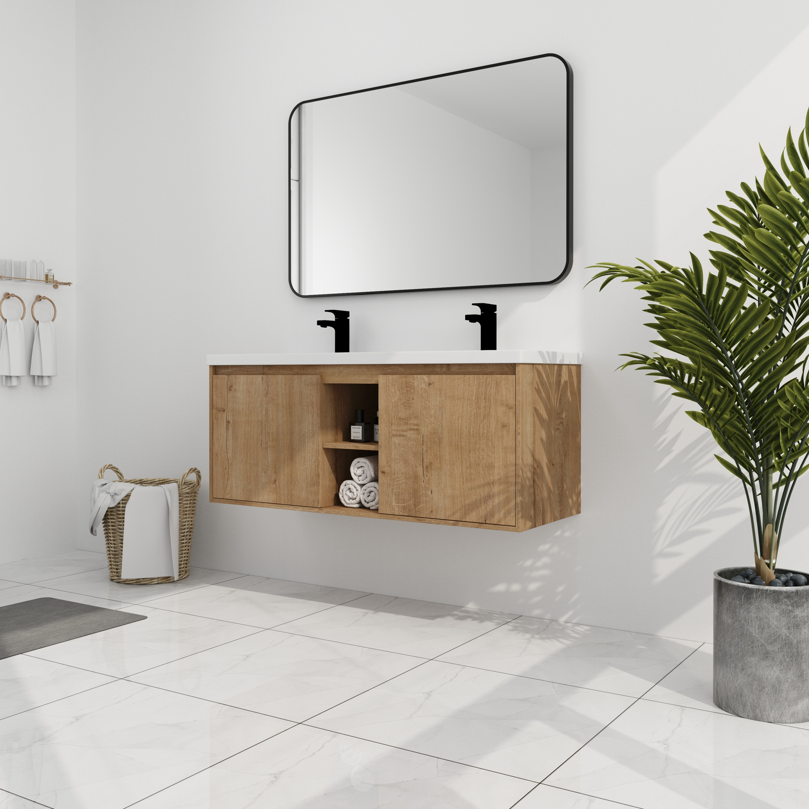 48″ Plywood Wall Mounted Bathroom Vanity With Double Sink Basin 2 Doors Storage