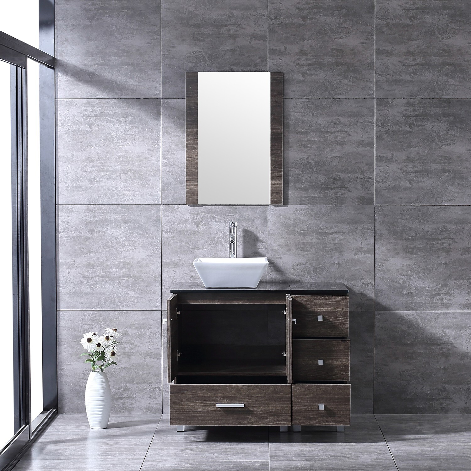 36inch Bathroom Vanity Single Cabinet 4 Ceramic Sink w/Black Glass Top Set Brown