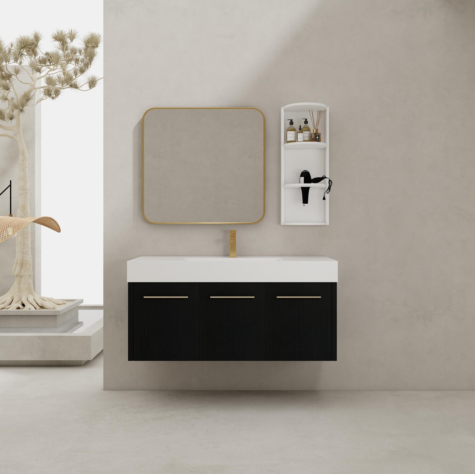 48 Inch Plywood Wall-Mounted Bathroom Vanity with Resin Sink + Side Storage Rack