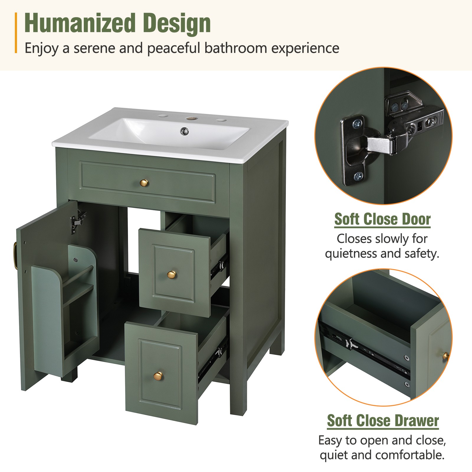 24″ Bathroom Vanity with Ceramic Sink Modern Bathroom Storage Cabinet Soft Close