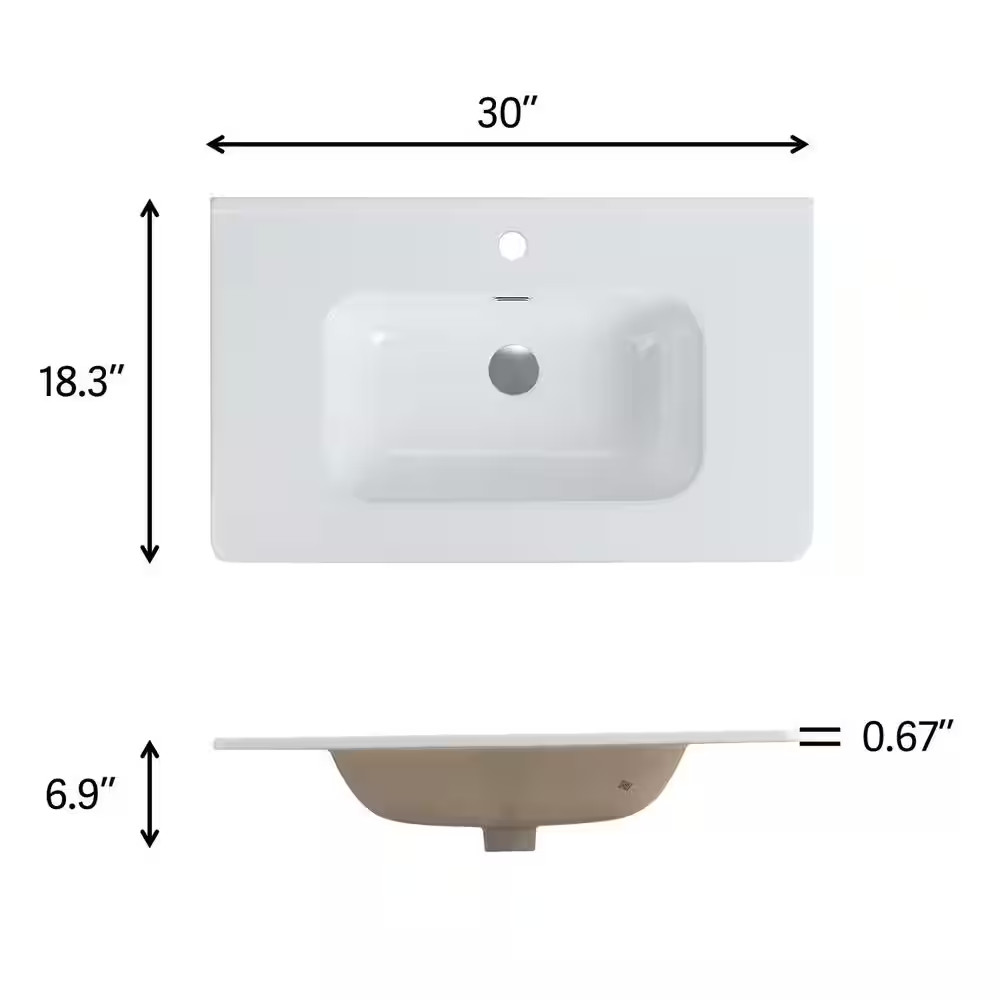 30 In. Drop-In Rectangular Bathroom Sink in Gloss White Ceramic Vanity Top
