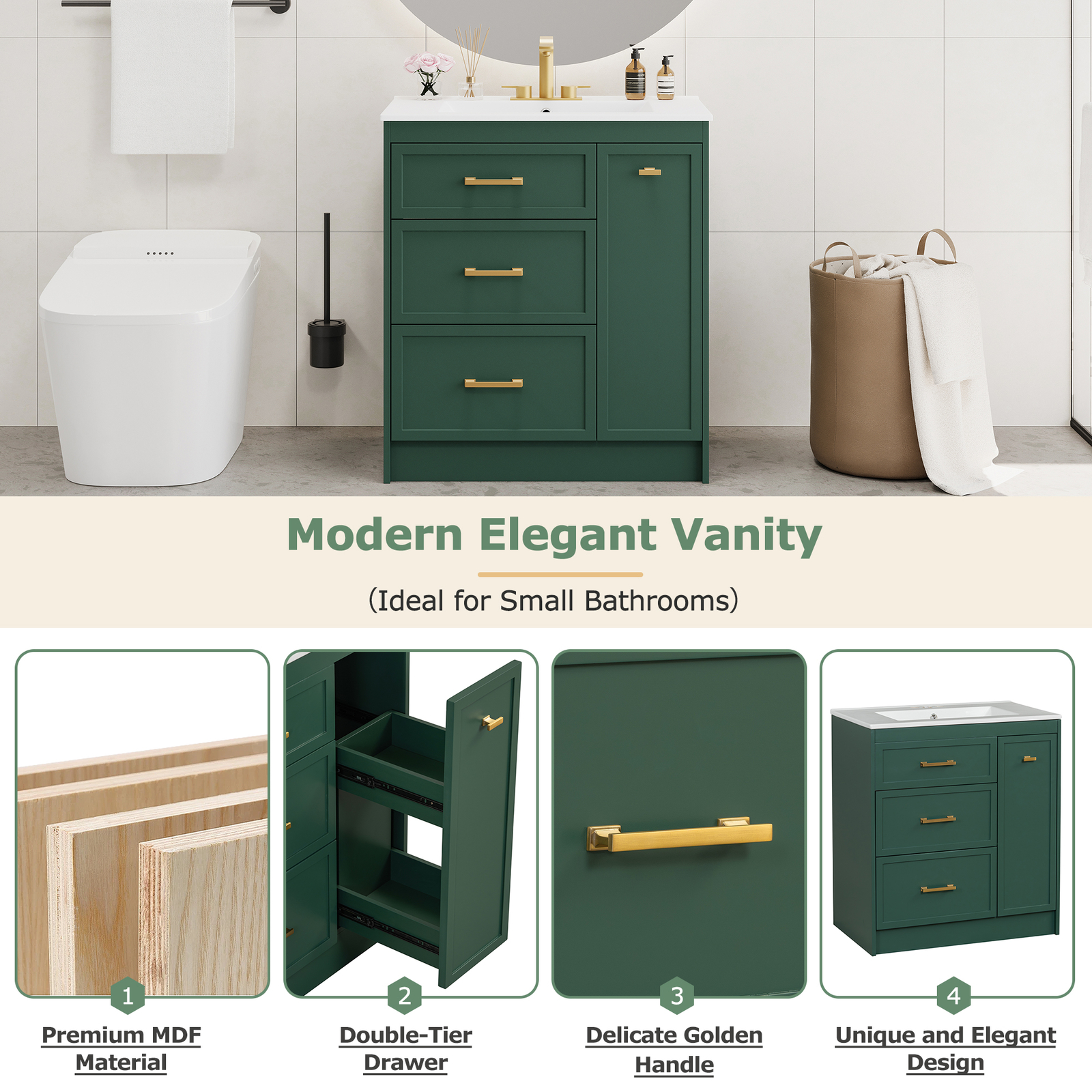 30″ Bathroom Vanity Set Floor Standing Bathroom Storage Cabinet w/Three Drawers