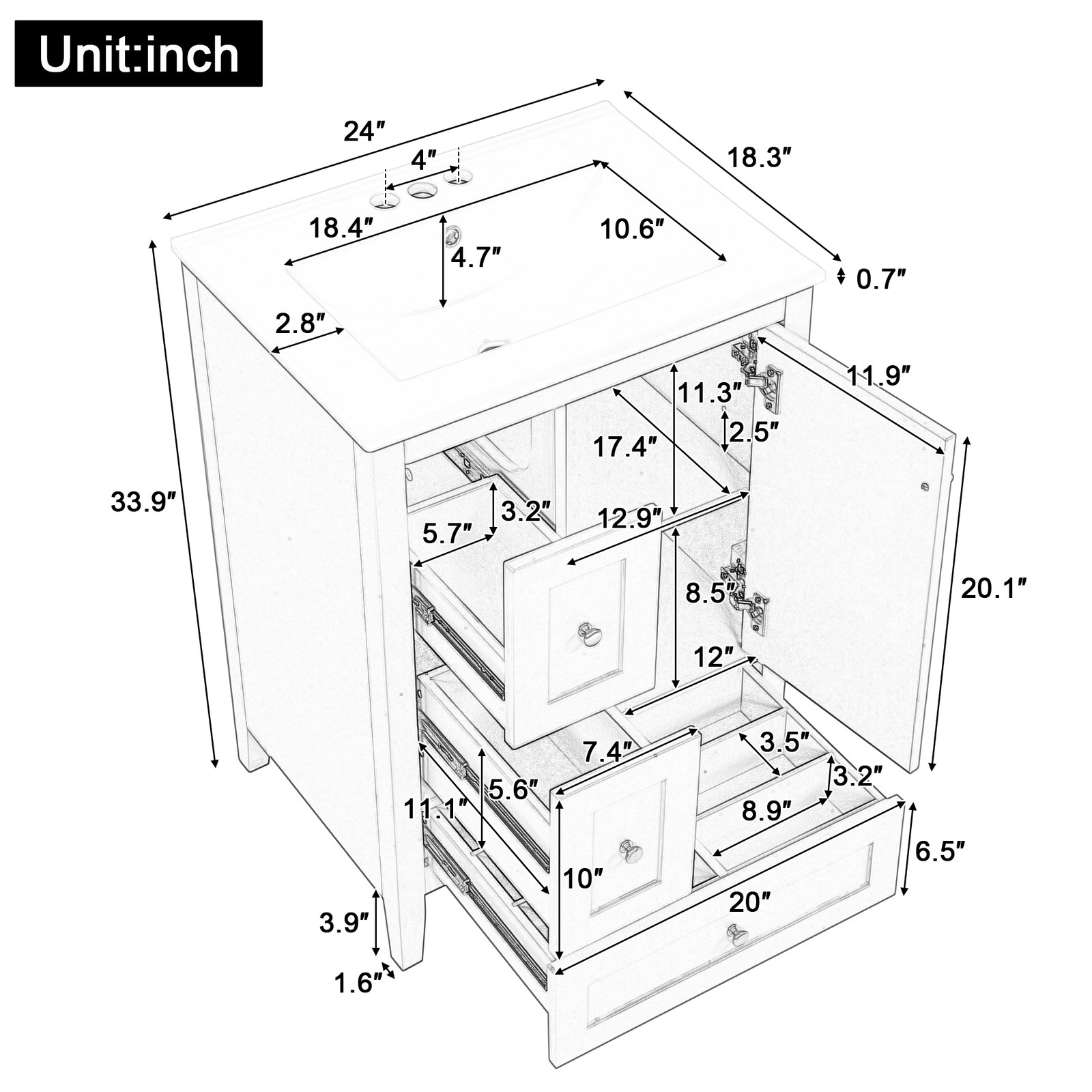 24″ Bathroom Vanity w/Storage, Adjustable Shelf Modern Bathroom Storage Cabinet