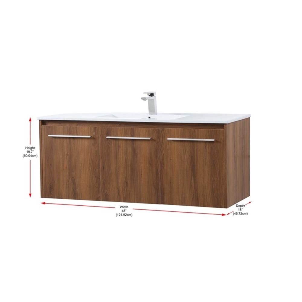 Pemberly Row 48″ Single Porcelain Top Floating Bathroom Vanity in Walnut