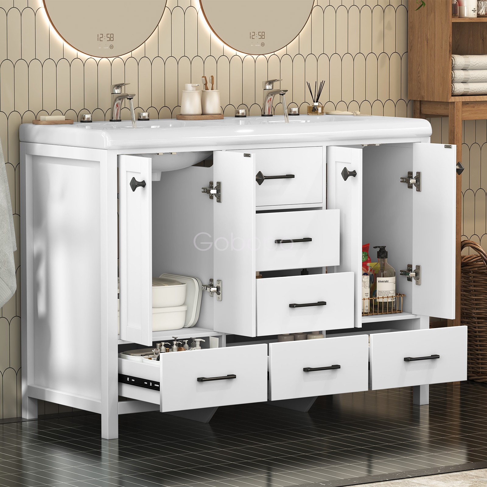 47″ Bathroom Vanity Wood Cabinet with Ceramic Double Sink Combo Set Freestanding