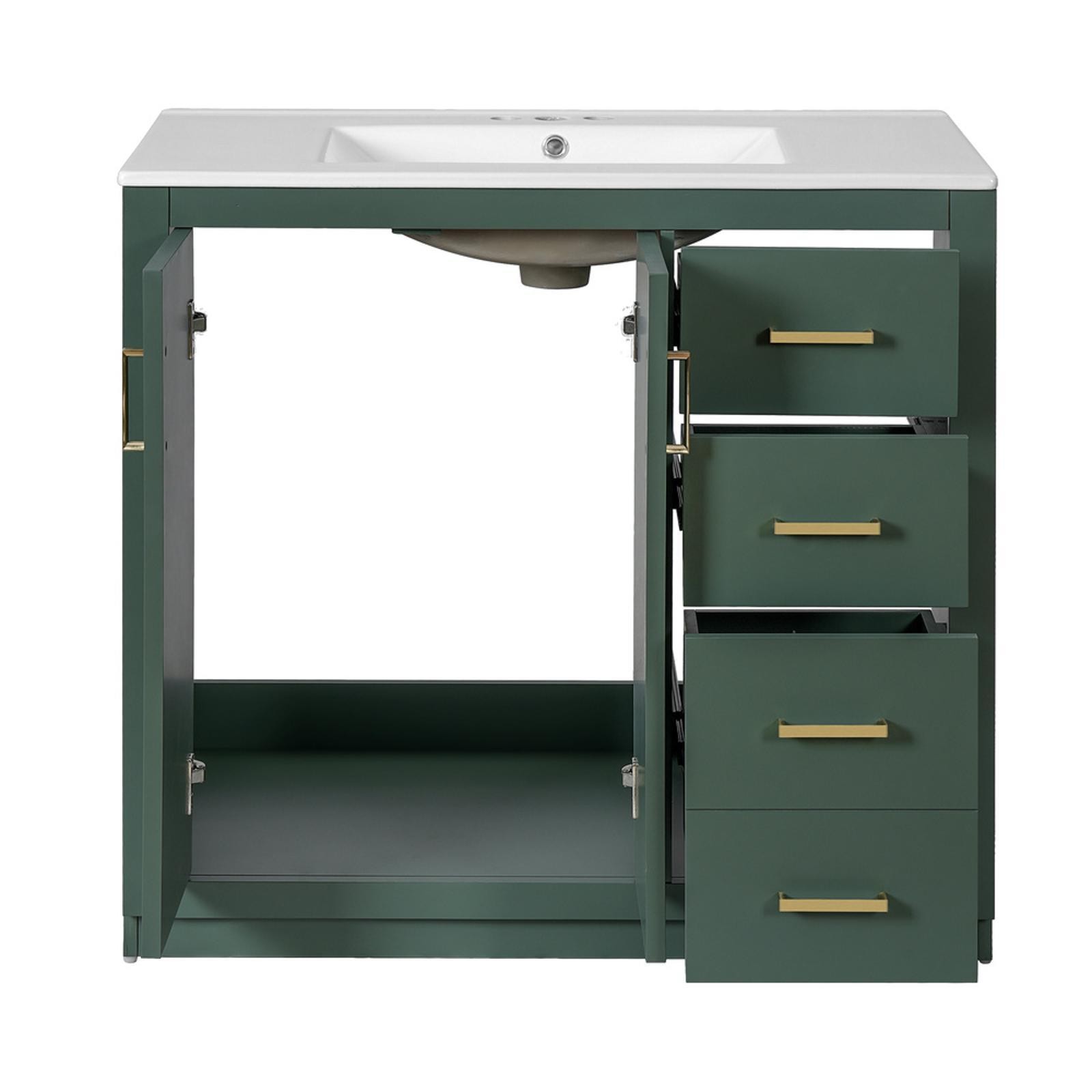 36” Bathroom Vanity with Ceramic Sink, Solid Wood Frame, Freestanding Storage