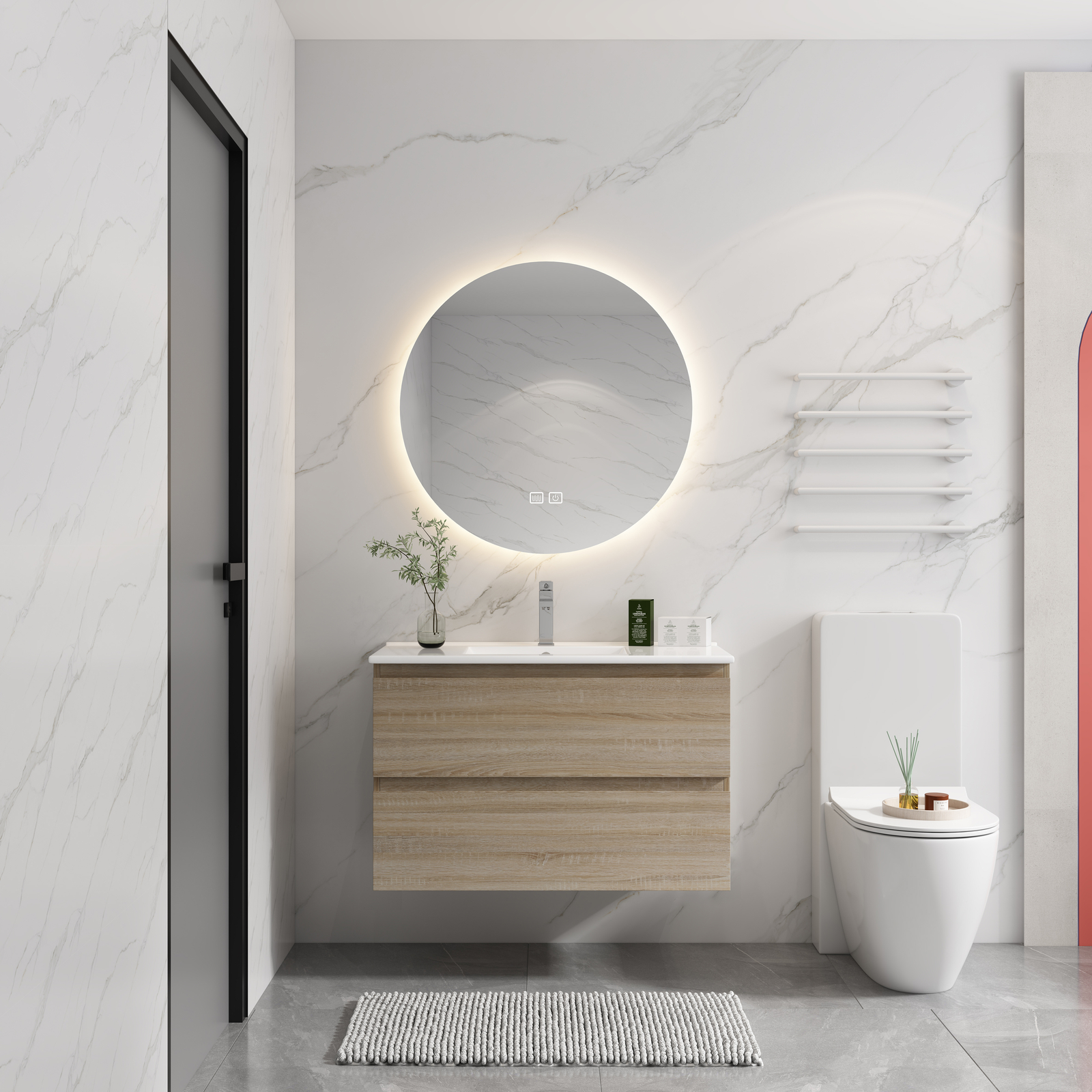 36″ Wood Wall Mounted Bathroom Vanity W/ 2 Drawers +Ceramic Sink Basin Light Oak