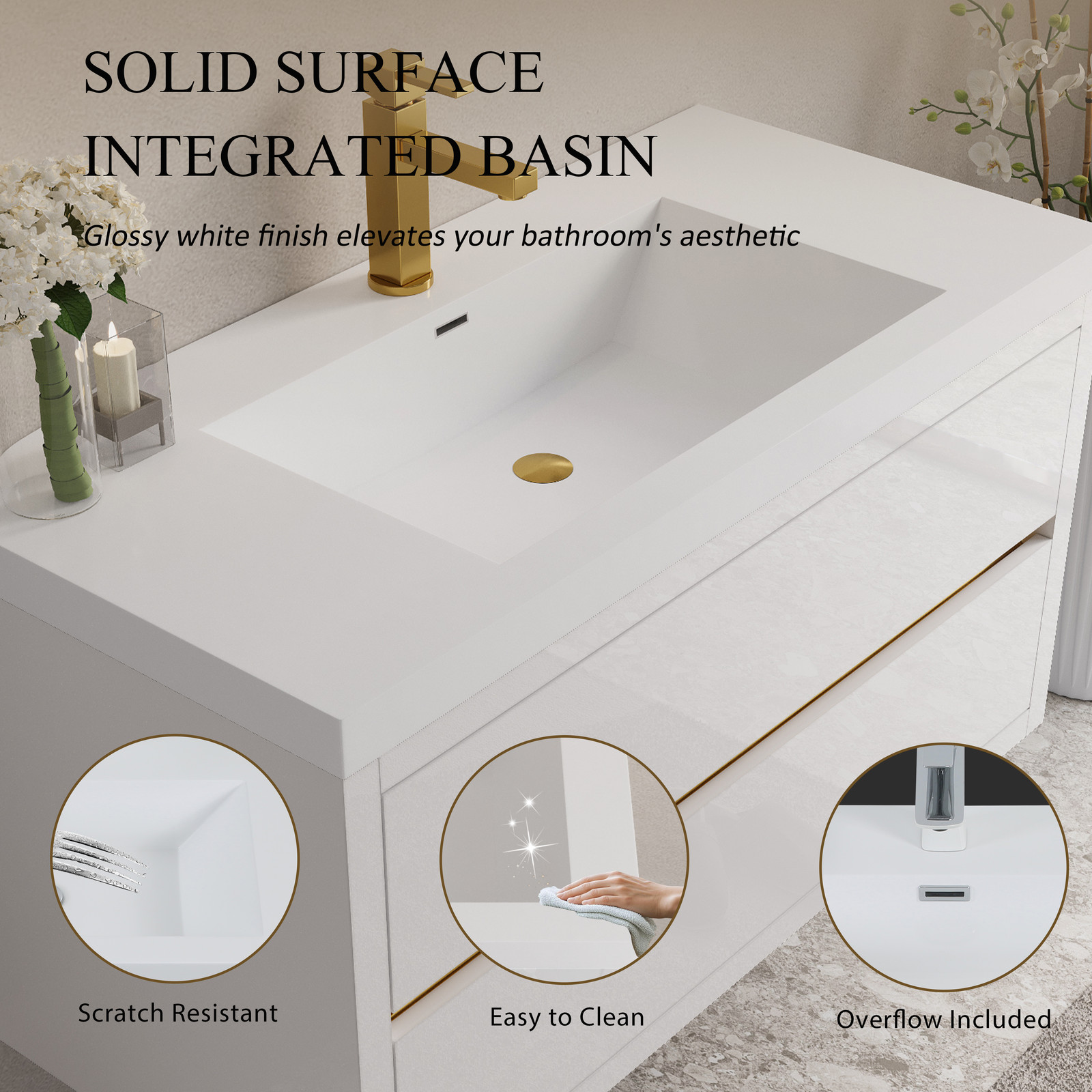 42in Floating Wall-Mounted Bathroom Vanity W/ Stone Resin Countertop Basin White