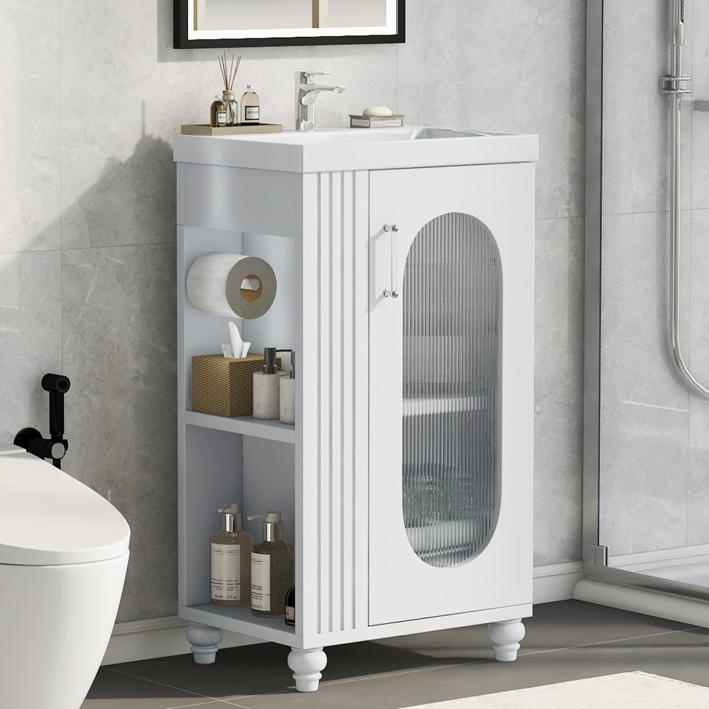 Bathroom Vanity W Sink Adjustable Double Shelves Solid Wood and MDF Construction
