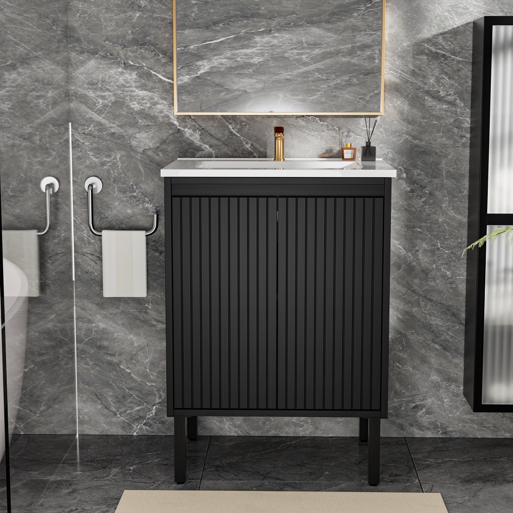 24 in Vanity for Bathroom Matt Black Floor Standing MDF Large Storage Drawers