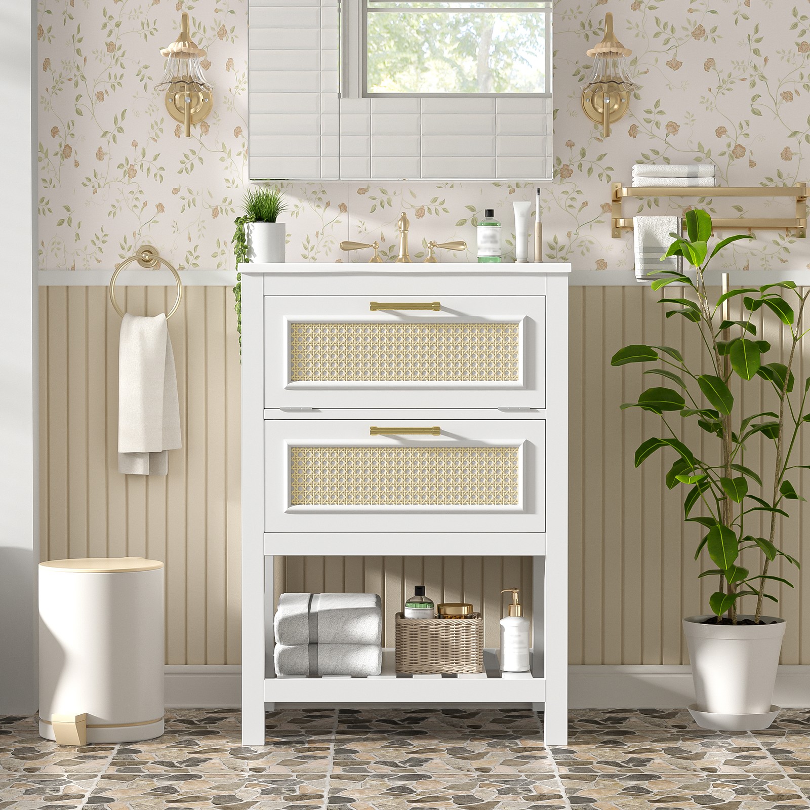 24″ White Bathroom Vanity with Ceramic Sink and 2 Drawers