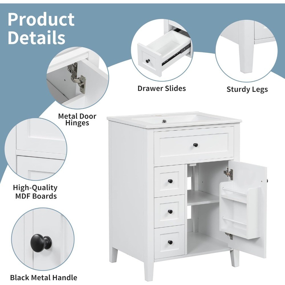 White 24 Inch Bathroom Vanity with Sink Combo, Solid Wood Storage Cabinet with 3