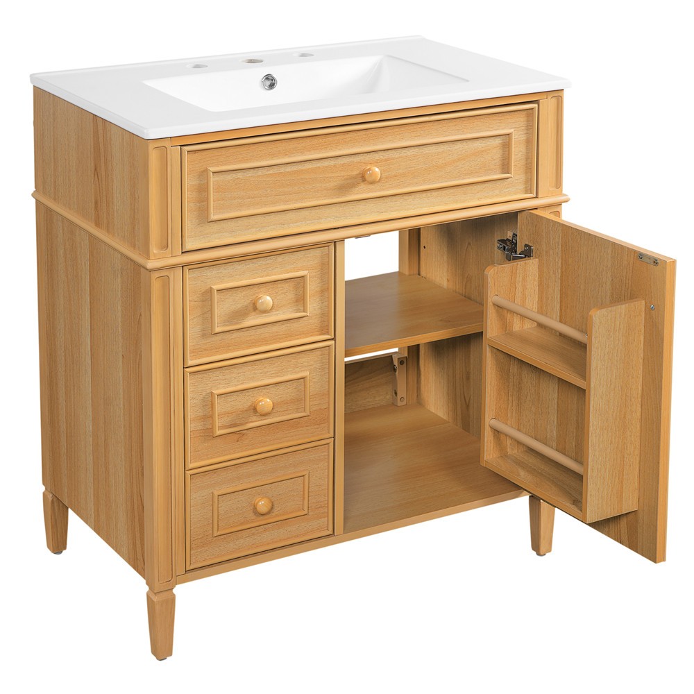 30″ Bathroom Vanity w/Ceramic Sink, Freestanding Bath Vanity Cabinet, 3 Drawers