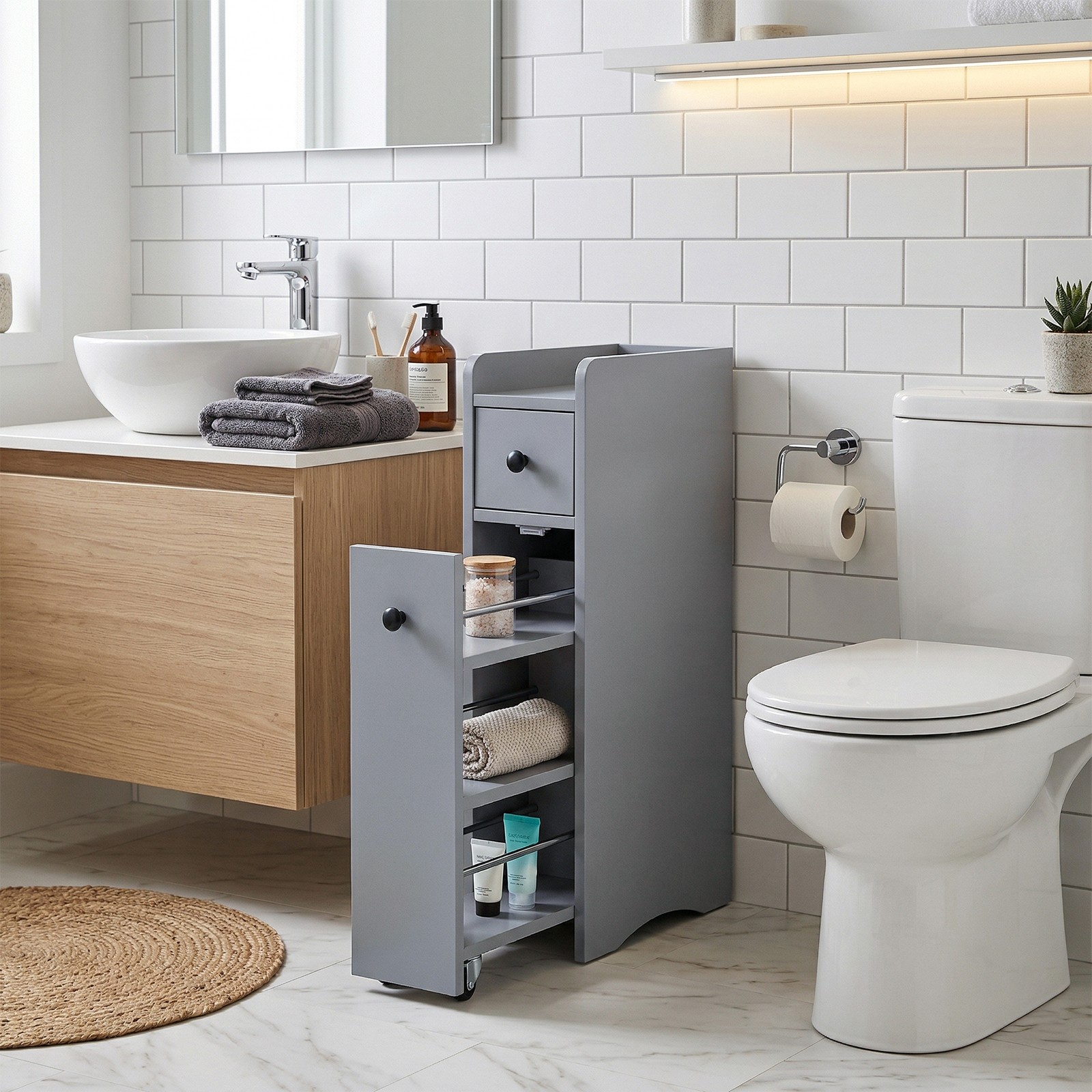 Gray Particleboard with Melamine Veneer Two-drawer Low Cabinet Bathroom Vanity