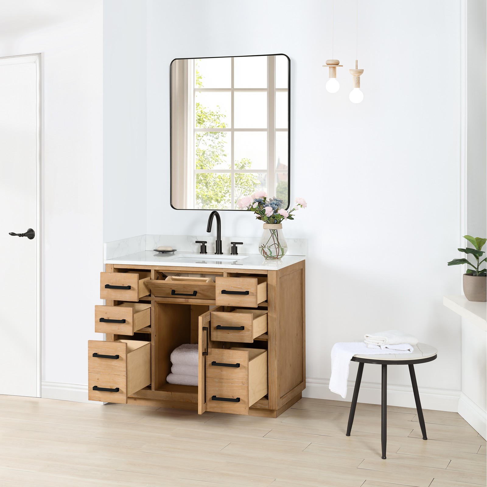 Gavino 42″ Wood Vanity in Light Brown with Composite Stone Top with Mirror
