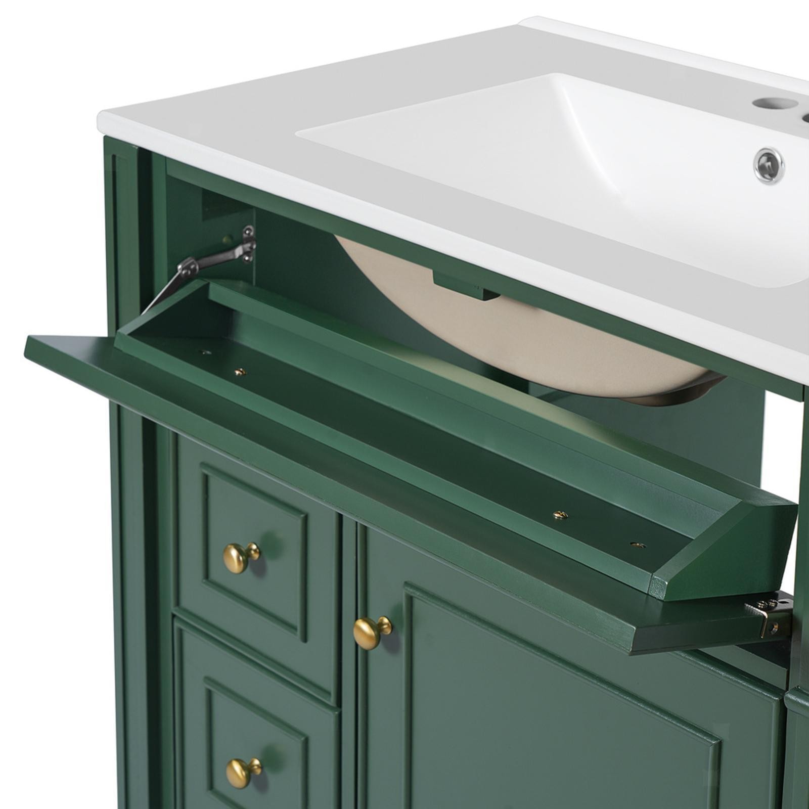 French Bathroom Vanity with Ceramic Basin, Adjustable Storage, Doors, and