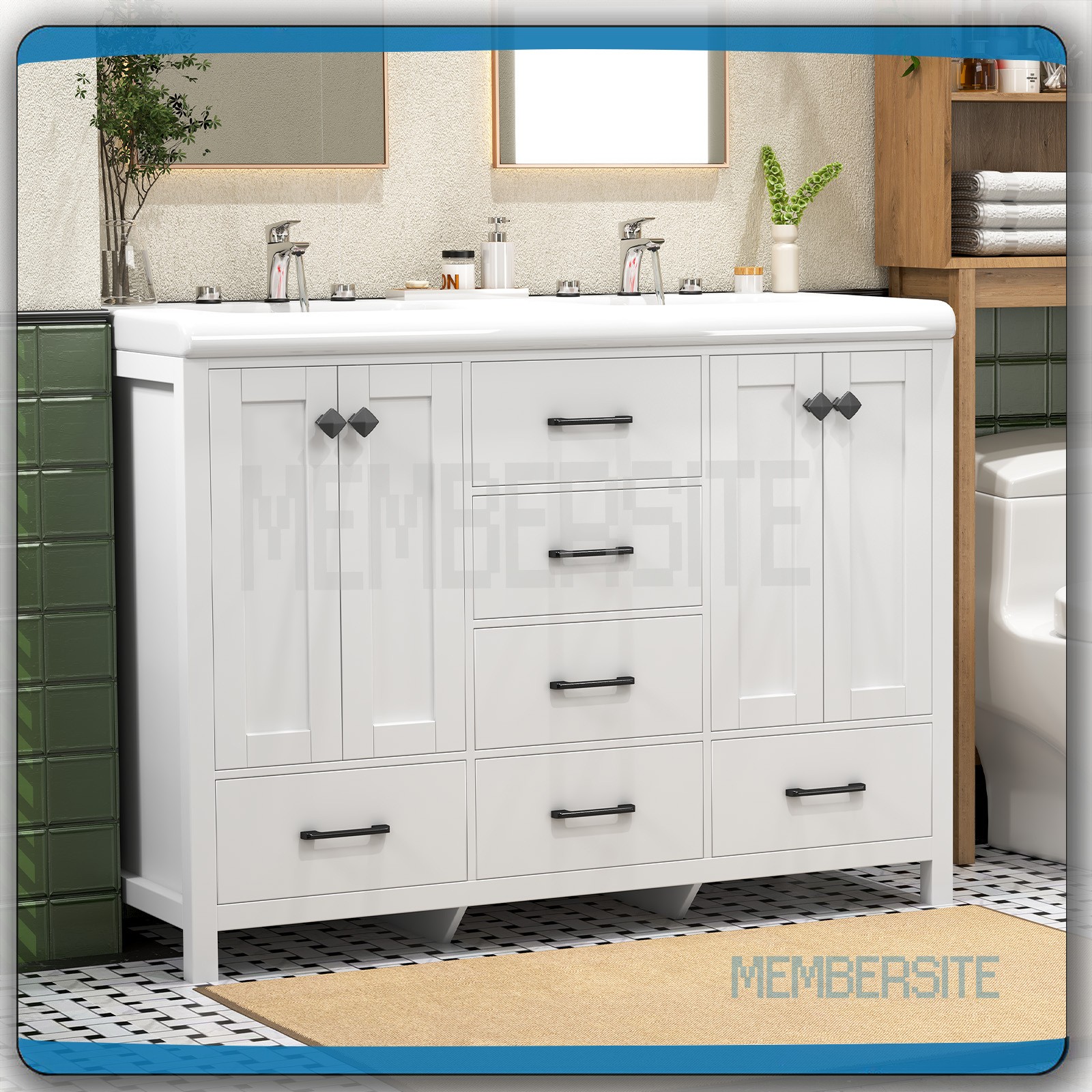 47.3″ Bathroom Vanity w/Double Ceramic Sinks Cabinet and 5 Drawers Freestanding