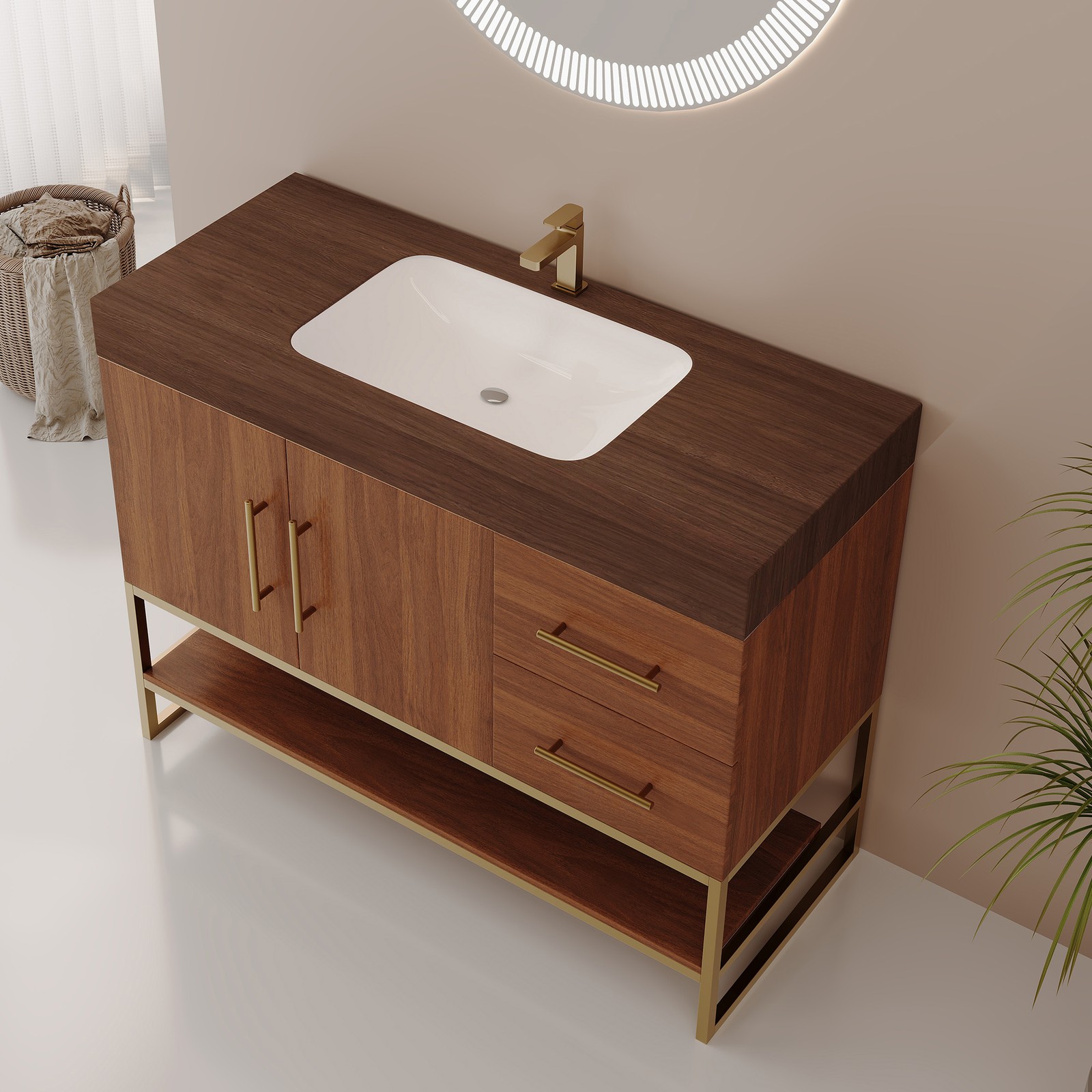 36″ Modern Bathroom Vanity w/Seamless Ceramic Sink & Sintered Stone Top Walnut