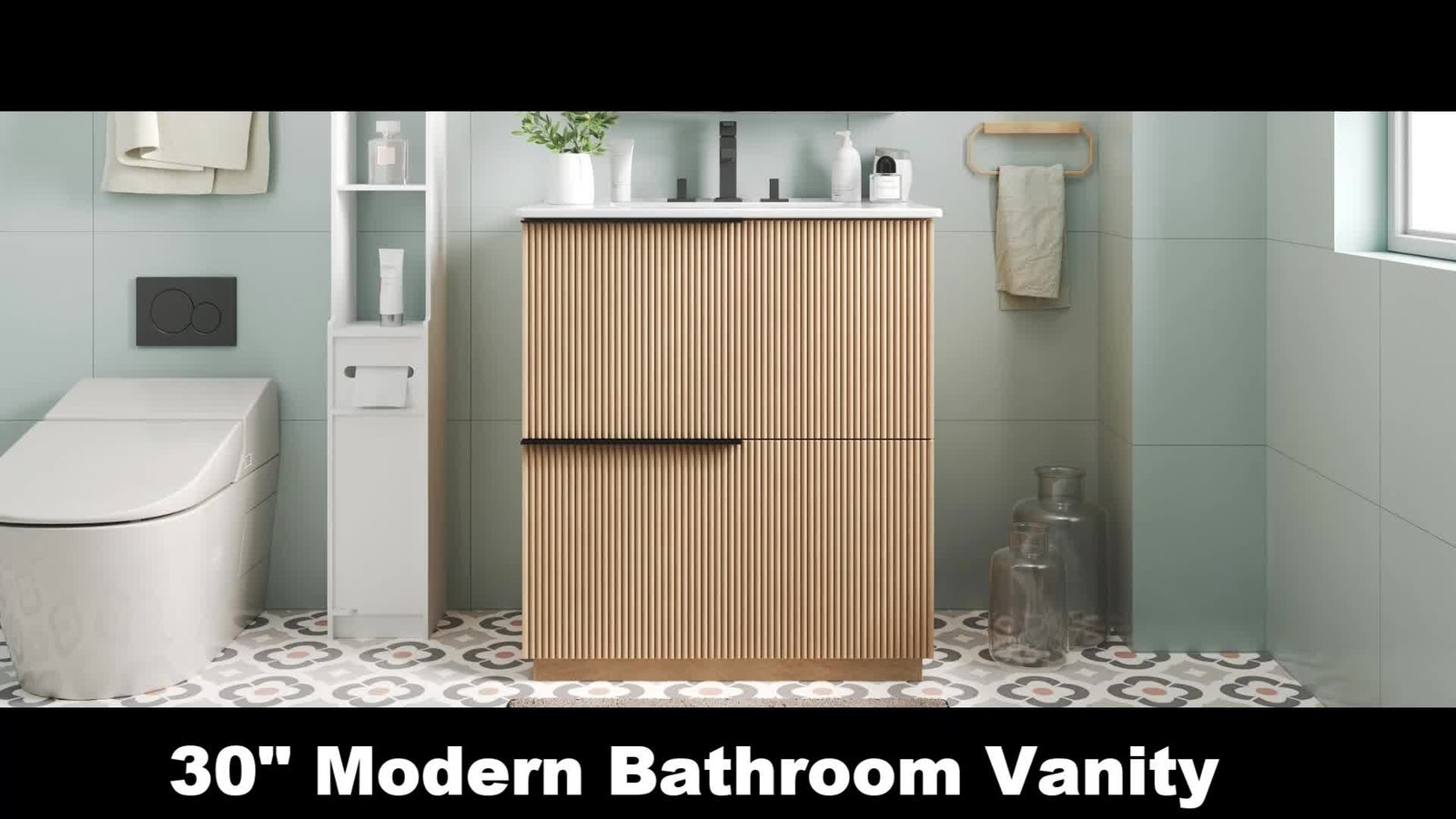 30″ Bathroom Vanity with Ceramic Sink, Soft Close Drawers, Fluted Design