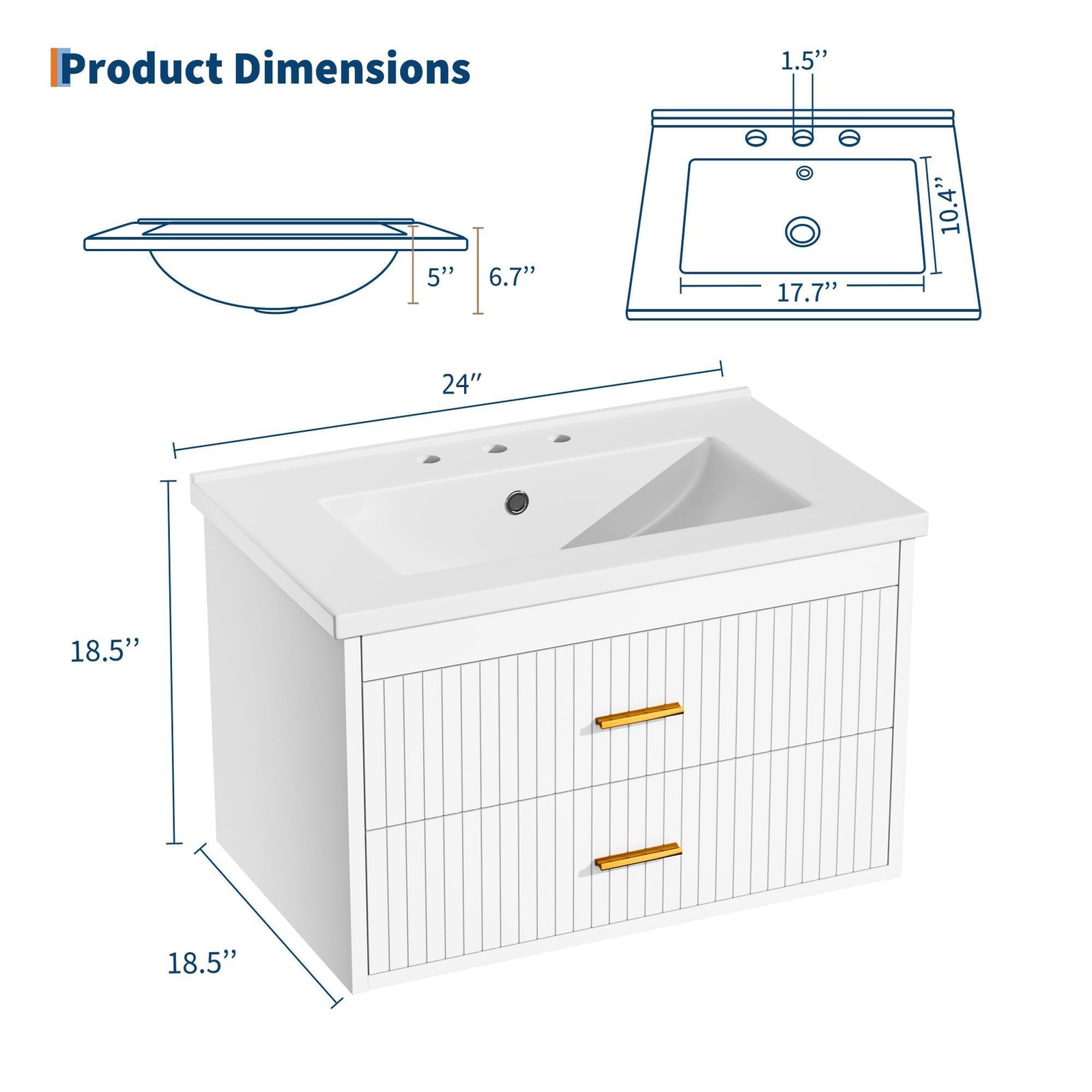 24 inch White Wall Mounted Floating Vanity with Sink Soft Close Bathroom Cabinet