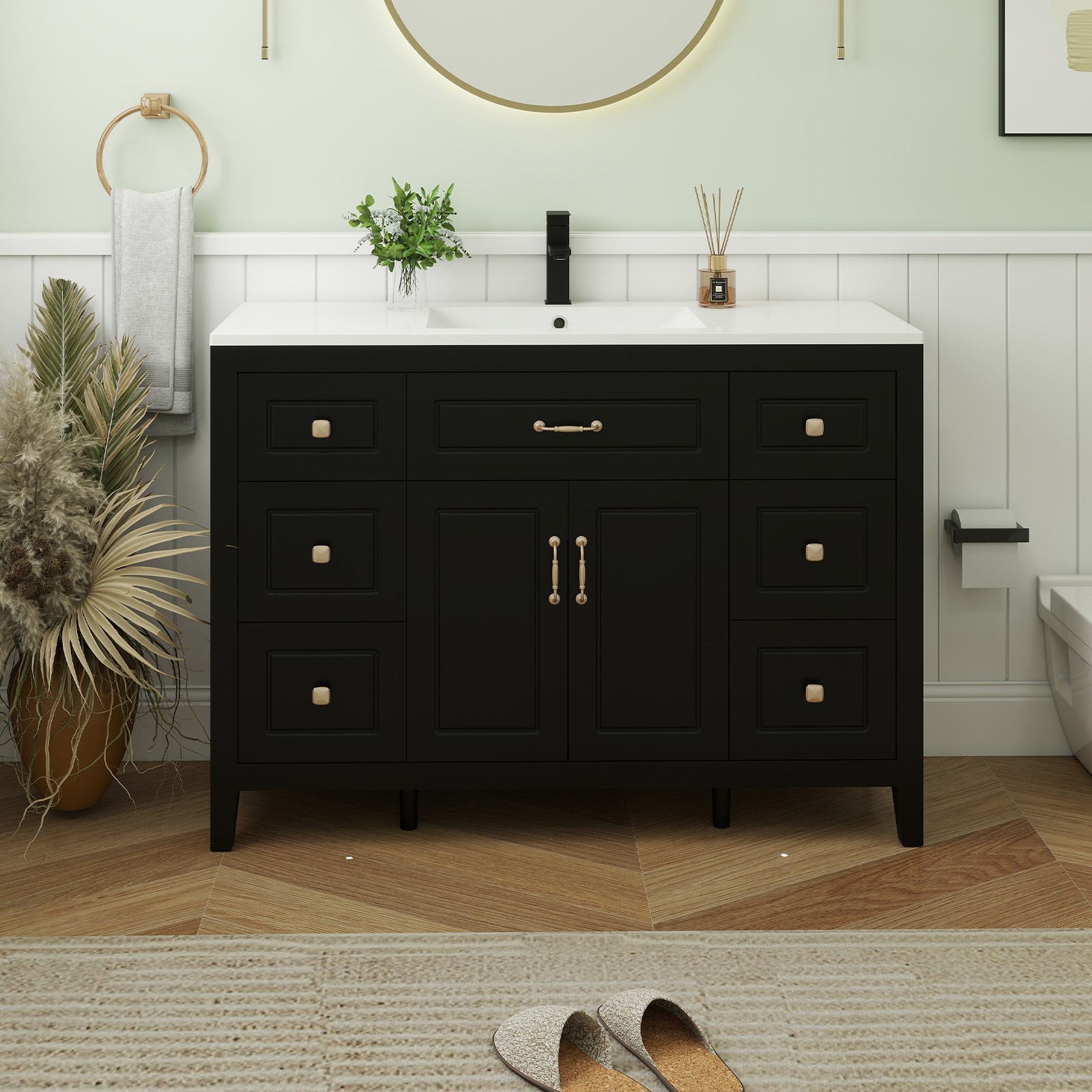 48″Bathroom Vanity with Sink Soft Close 2 Doors and 6 Drawers Freestanding Black
