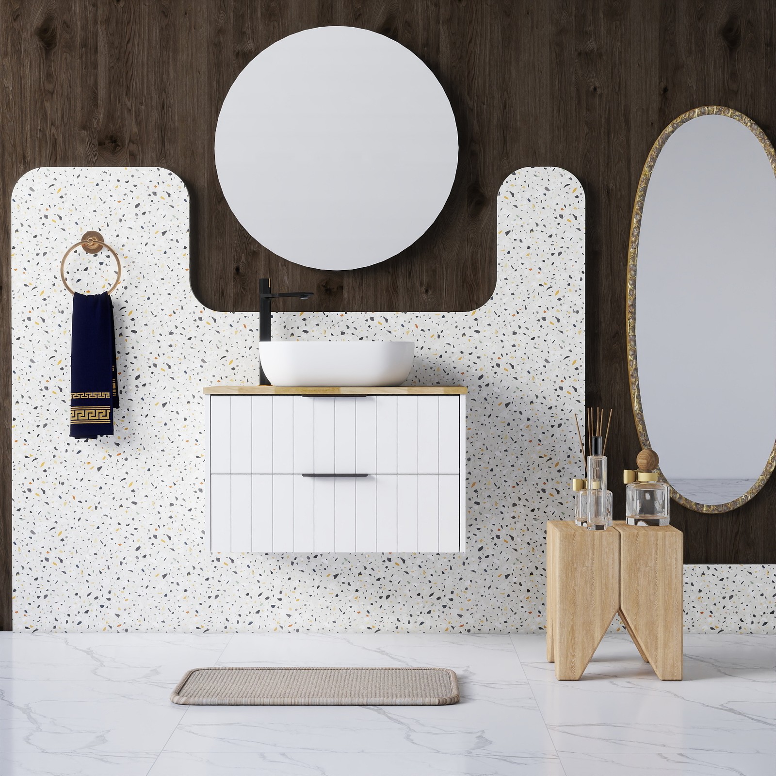 32 Inch Double Drawer Wall Mount Bathroom Vanity White Cabinet Solid Wood Top