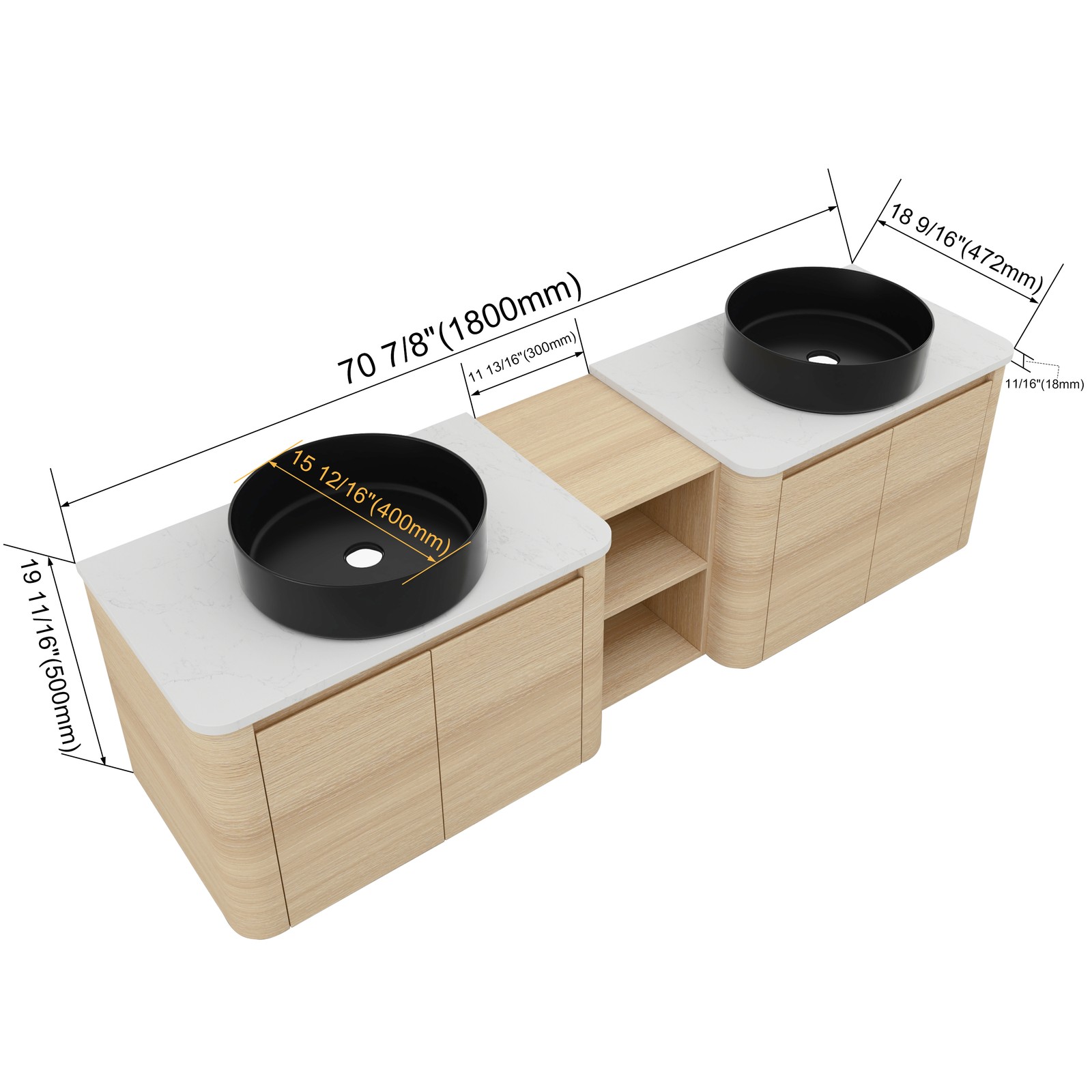 72″ Floating Bathroom Vanity W/ 2 Black Ceramic Sink Stone Slab Top+Open Shelves