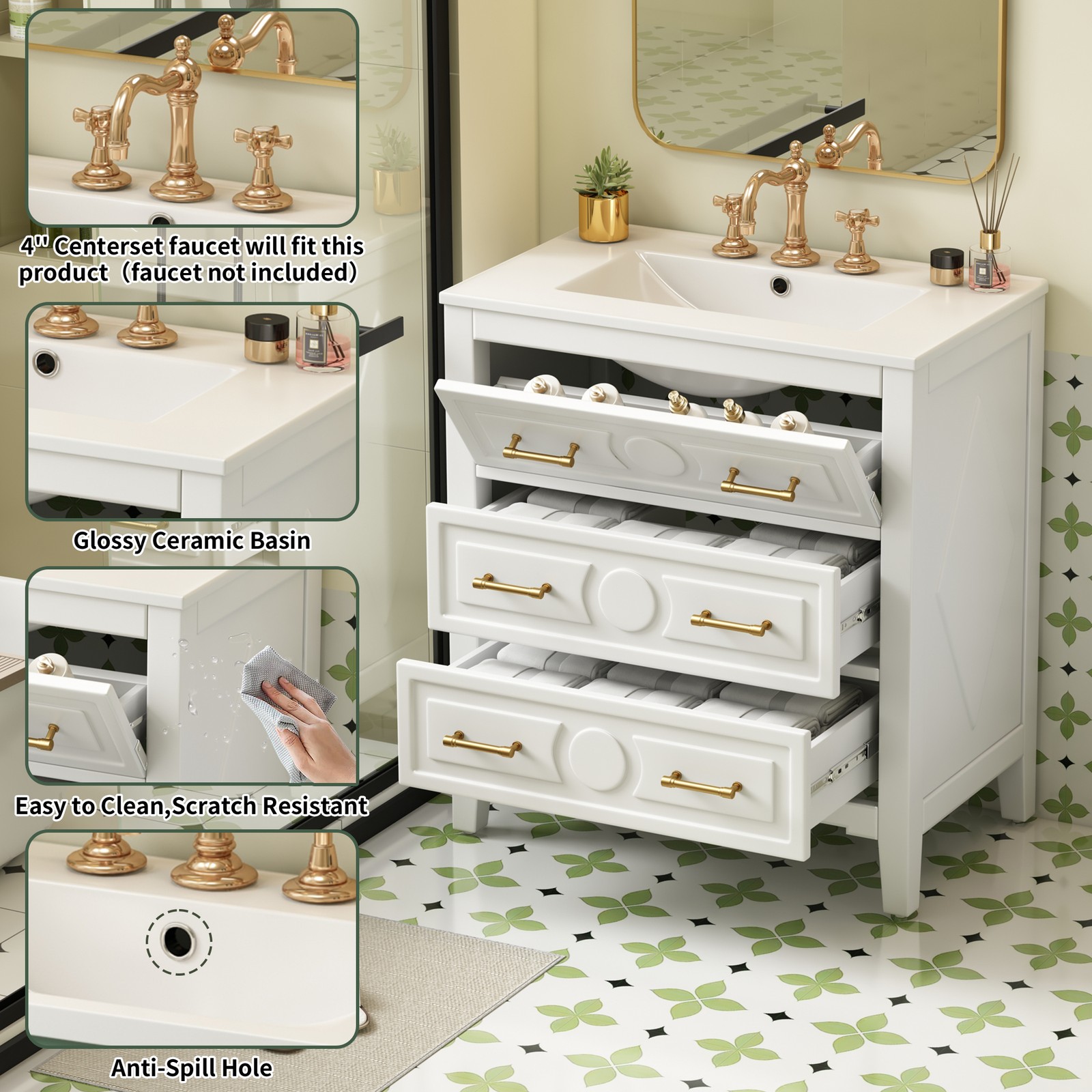 30″ Bathroom Vanity with Ceramic Sink Combo, White, 3 Drawers