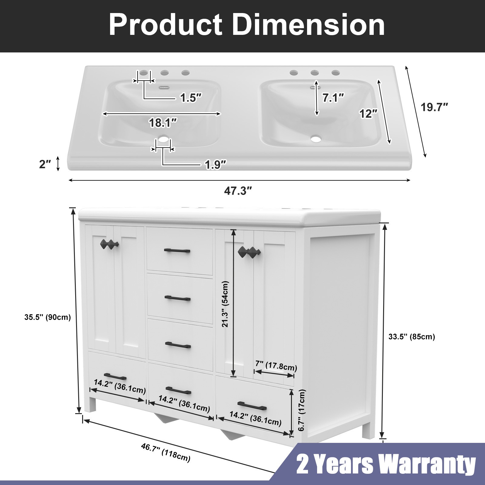 47.3″ Bathroom Vanity Freestanding Double-Basin Ceramic Sink Cabinet Wash Basin