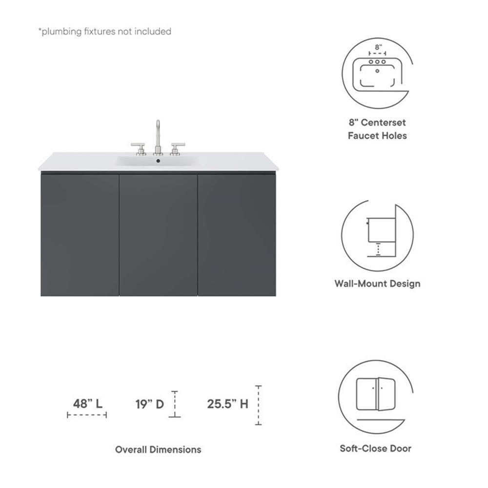 Modway Bryn 48″ Modern Wood/Ceramic Wall-Mount Bathroom Vanity in Gray/White