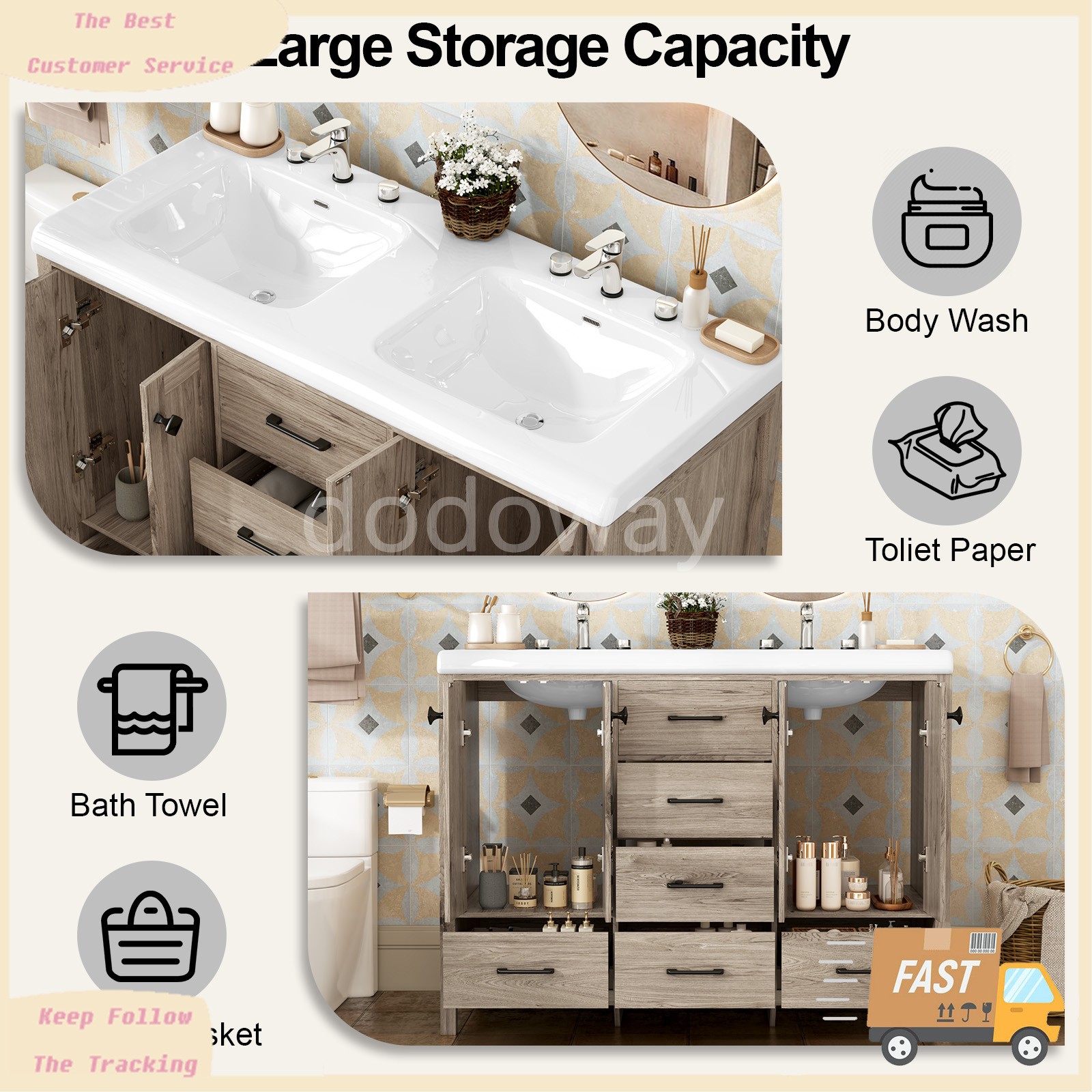 47″ Bathroom Vanity with Ceramic Sink Freestanding Storage Cabinet w/ 6 Drawers