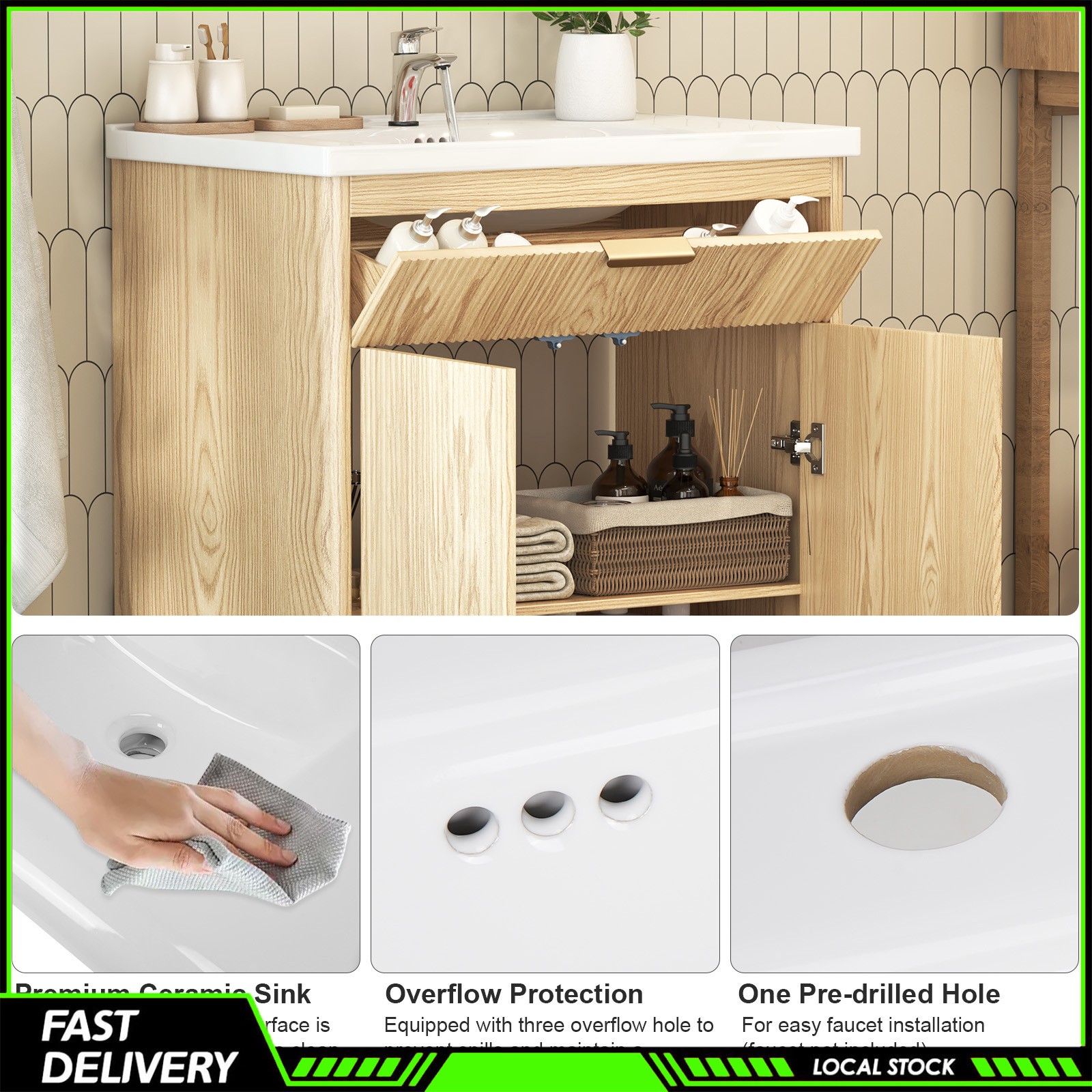 31″ Bathroom Vanity with Ceramic Sink, Modern Storage Cabinet w/ Doors & Drawers