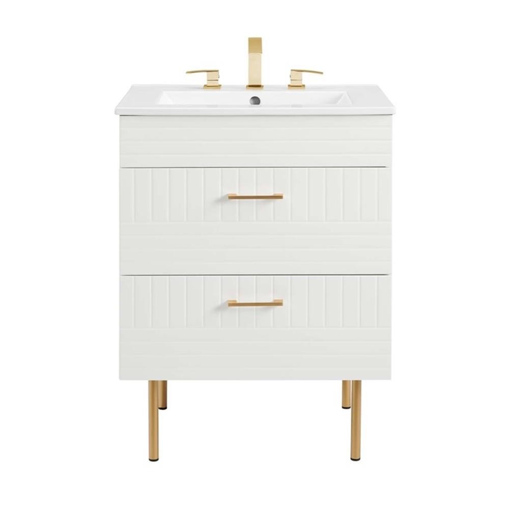 Pemberly Row 24″ Modern Wood/Ceramic Bathroom Vanity with Gold Legs in White