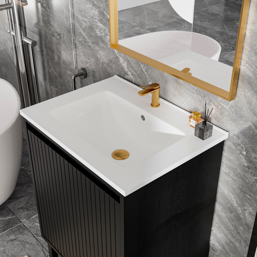 24 in Vanity for Bathroom Matt Black Floor Standing MDF Large Storage Drawers
