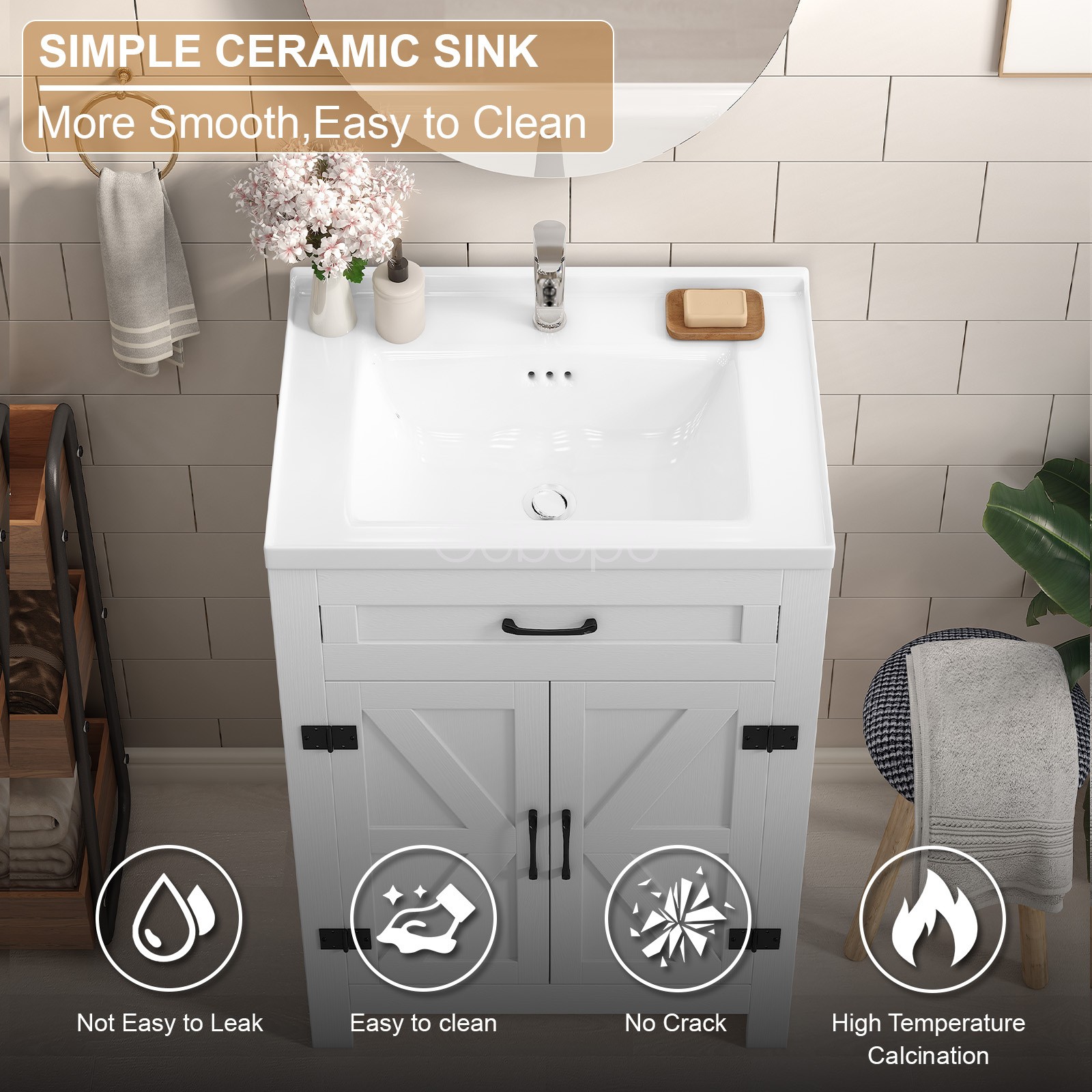 23” Bathroom Vanity w/Ceramic Sink Modern Freestanding Storage Vanity Cabinet