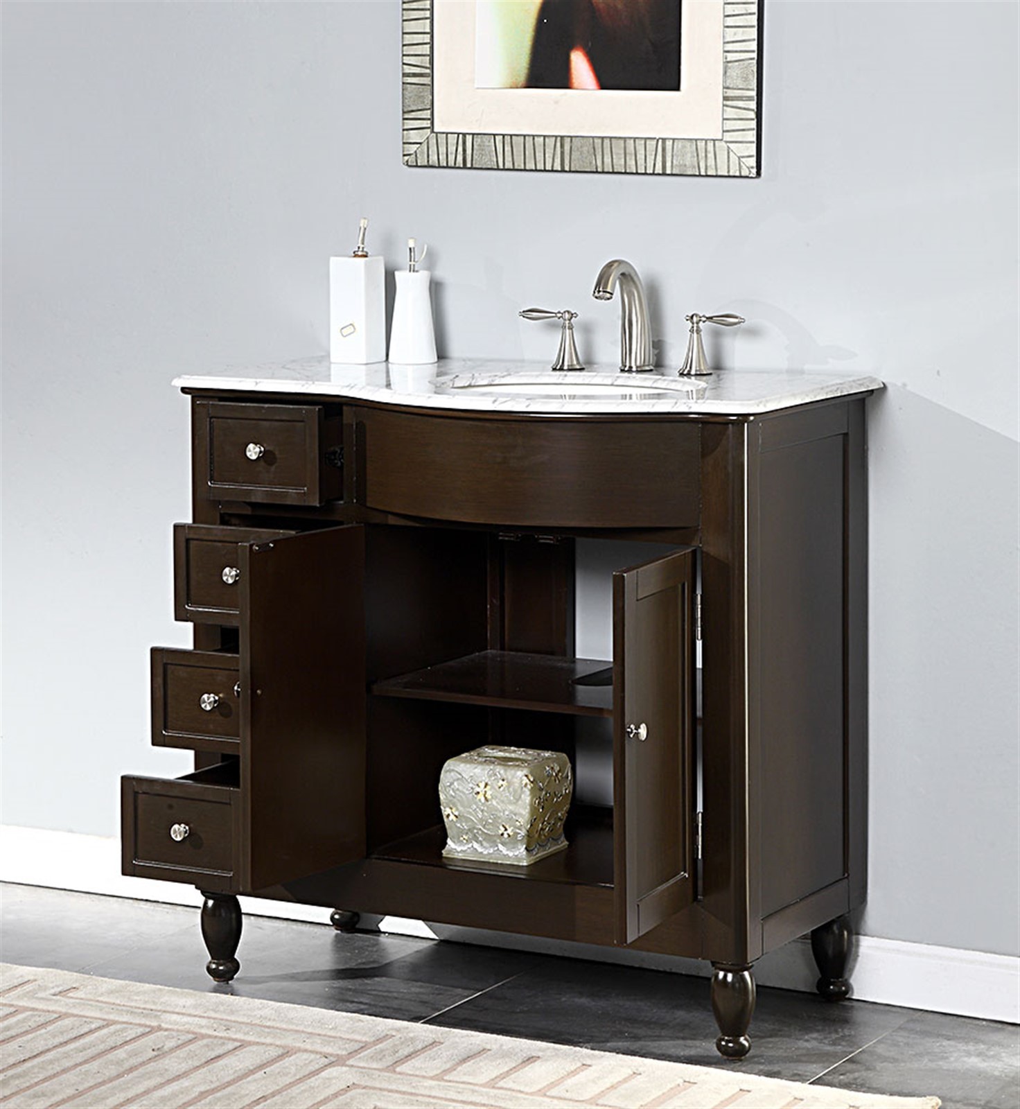 36-inch Bathroom Vanity White Marble Stone Top Single Right Sink Cabinet GD902R